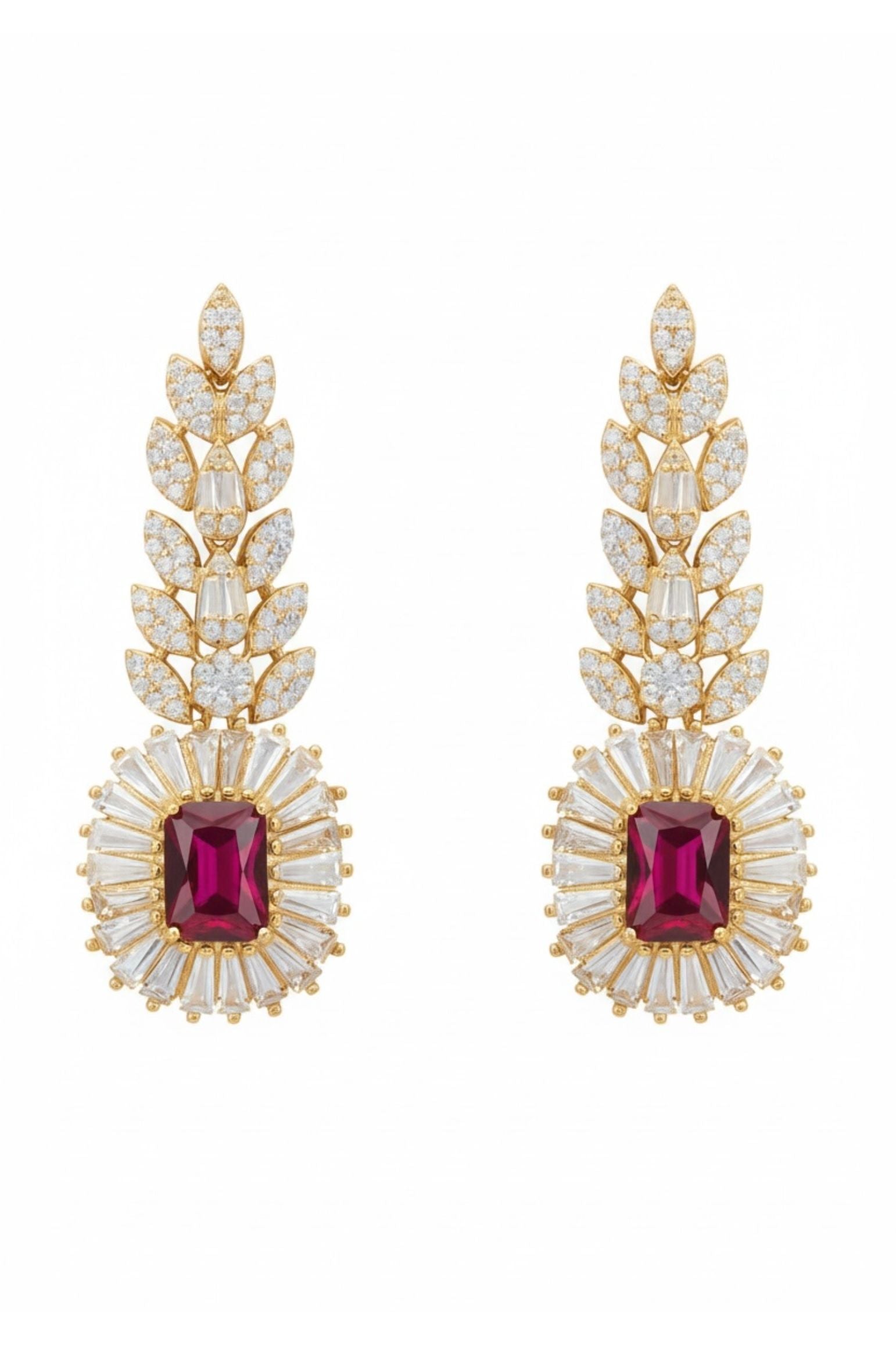 Floral ruby and diamond drop earrings.