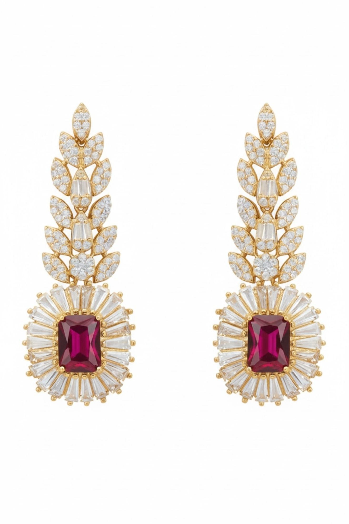 18k gold plated floral drop earrings with a ruby centerpiece and simulated diamonds.