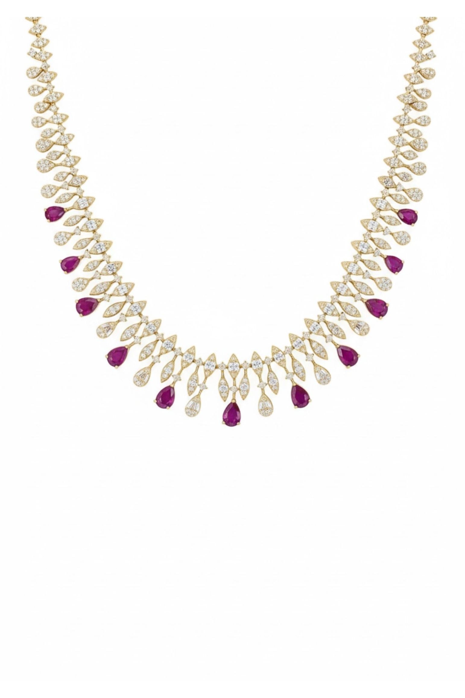 Close-up of the ruby teardrops, diamond and gold necklace.