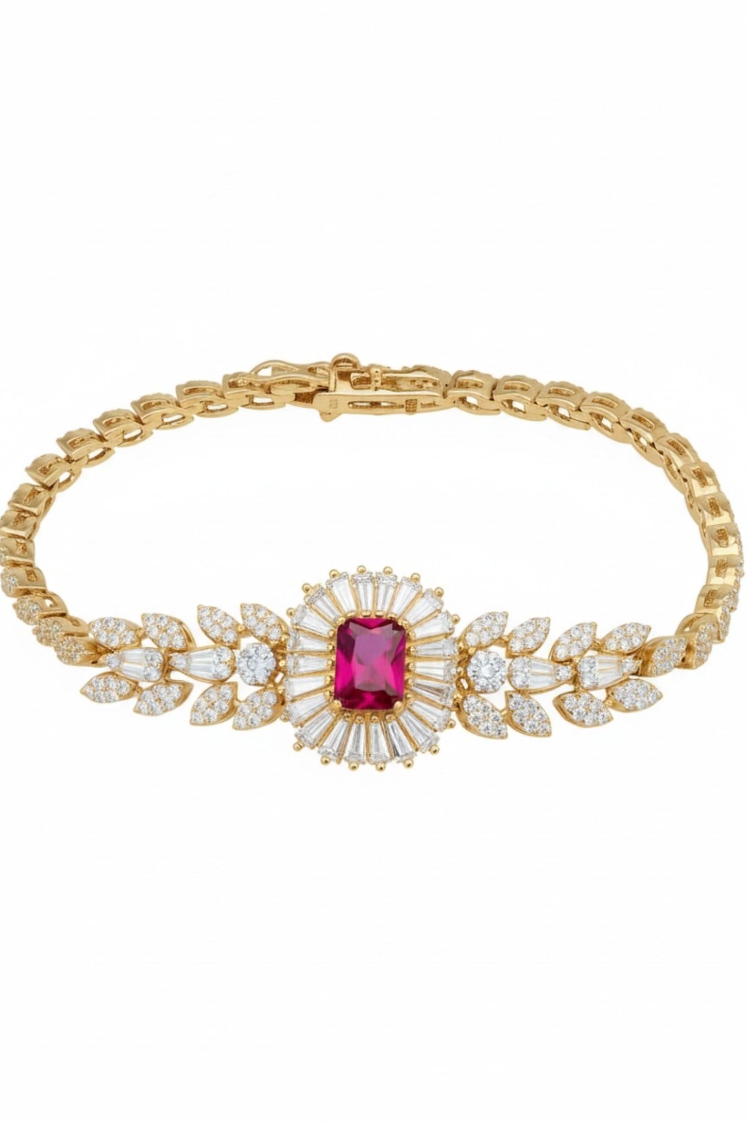 18k gold plated floral bracelet with a ruby centerpiece and simulated diamonds.