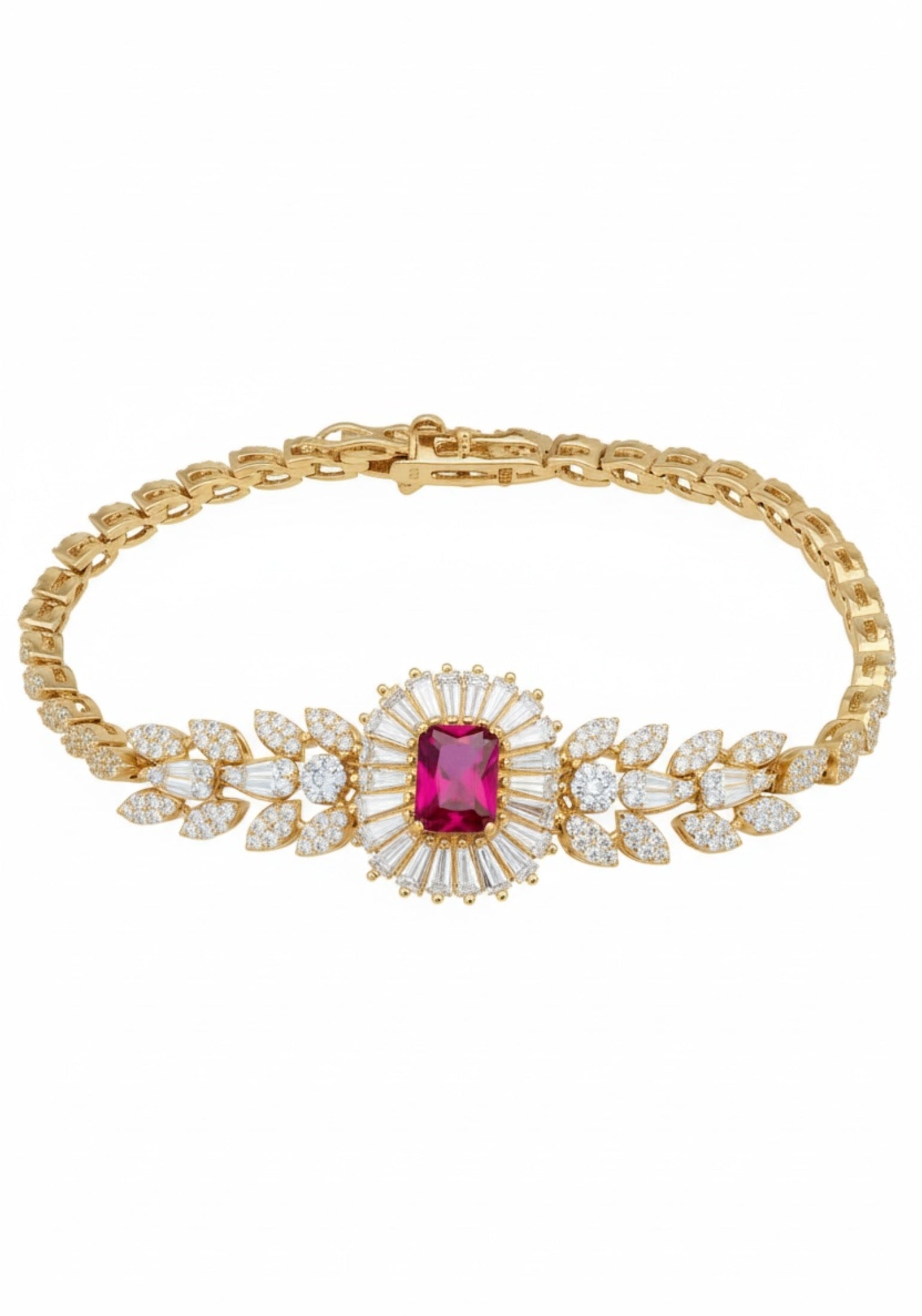 18k gold plated floral bracelet with a ruby centerpiece and simulated diamonds.