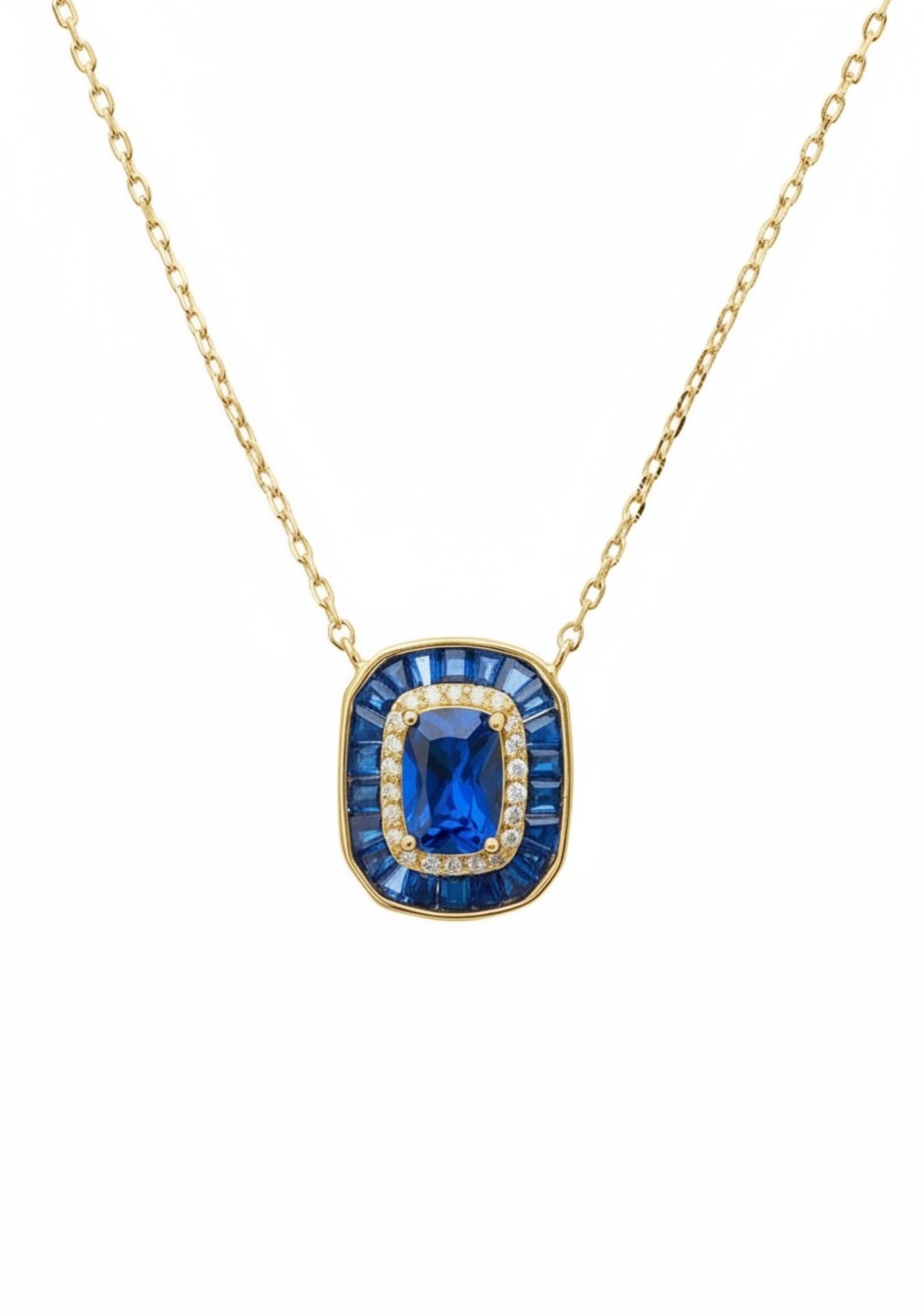 Diamond and sapphire charm gold necklace.