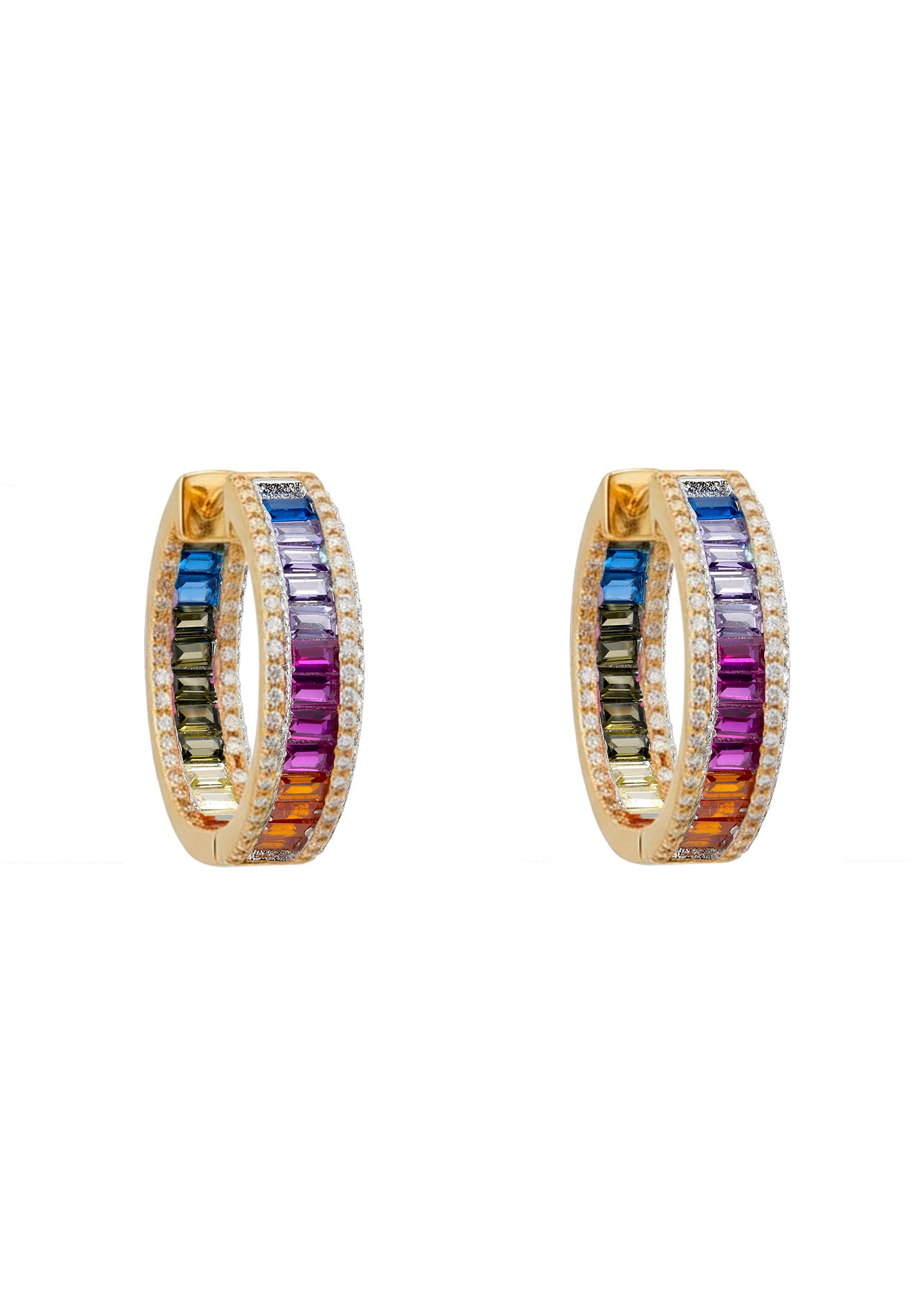 Rainbow gemstone gold mini-hoop earrings.
