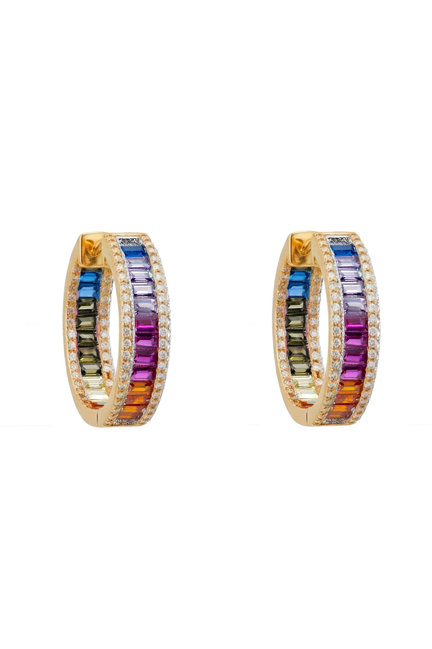 Rainbow gemstone gold mini-hoop earrings.