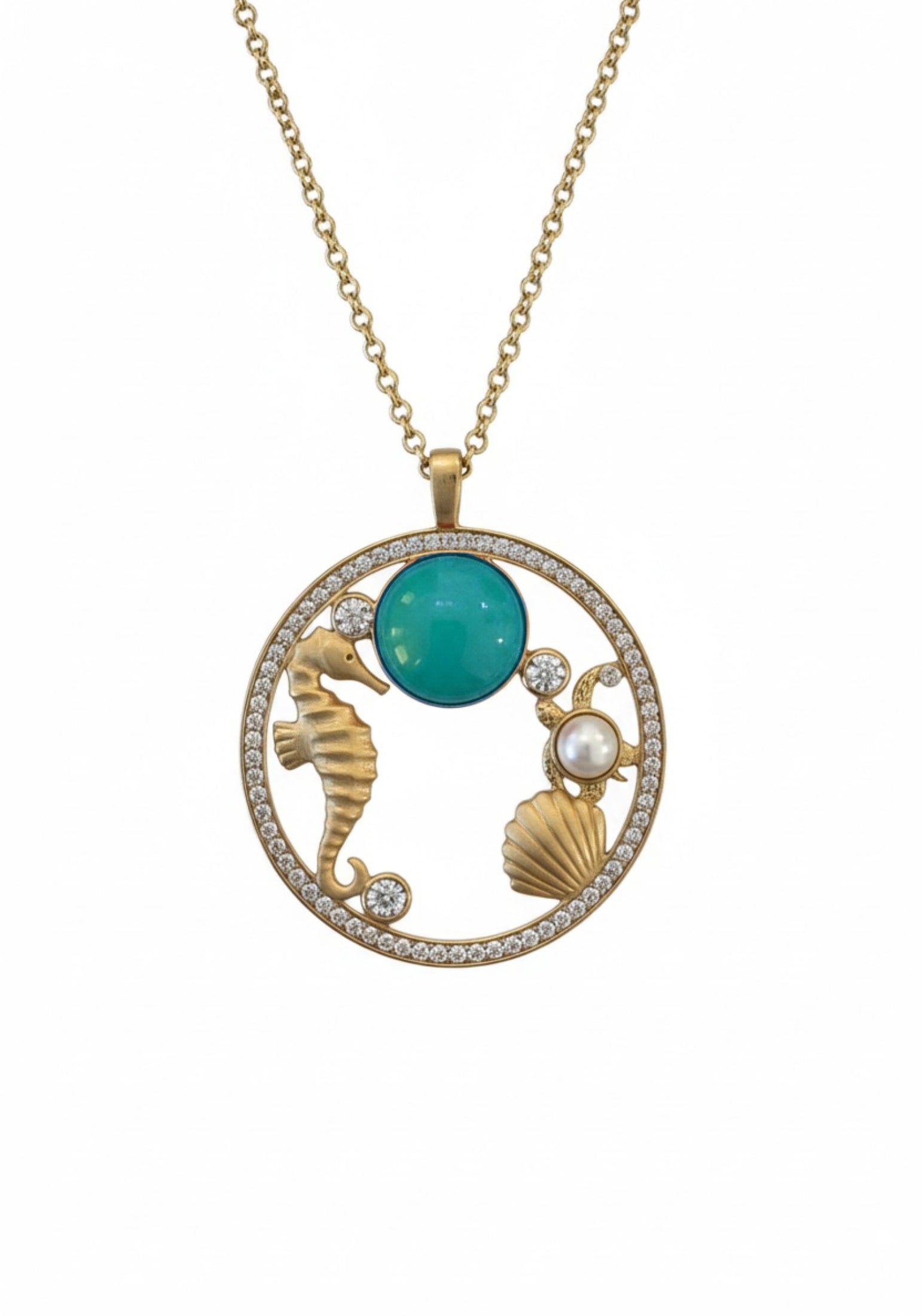 18k gold plated oceanic pendant necklace with a turquoise stone and cubic zirconia.