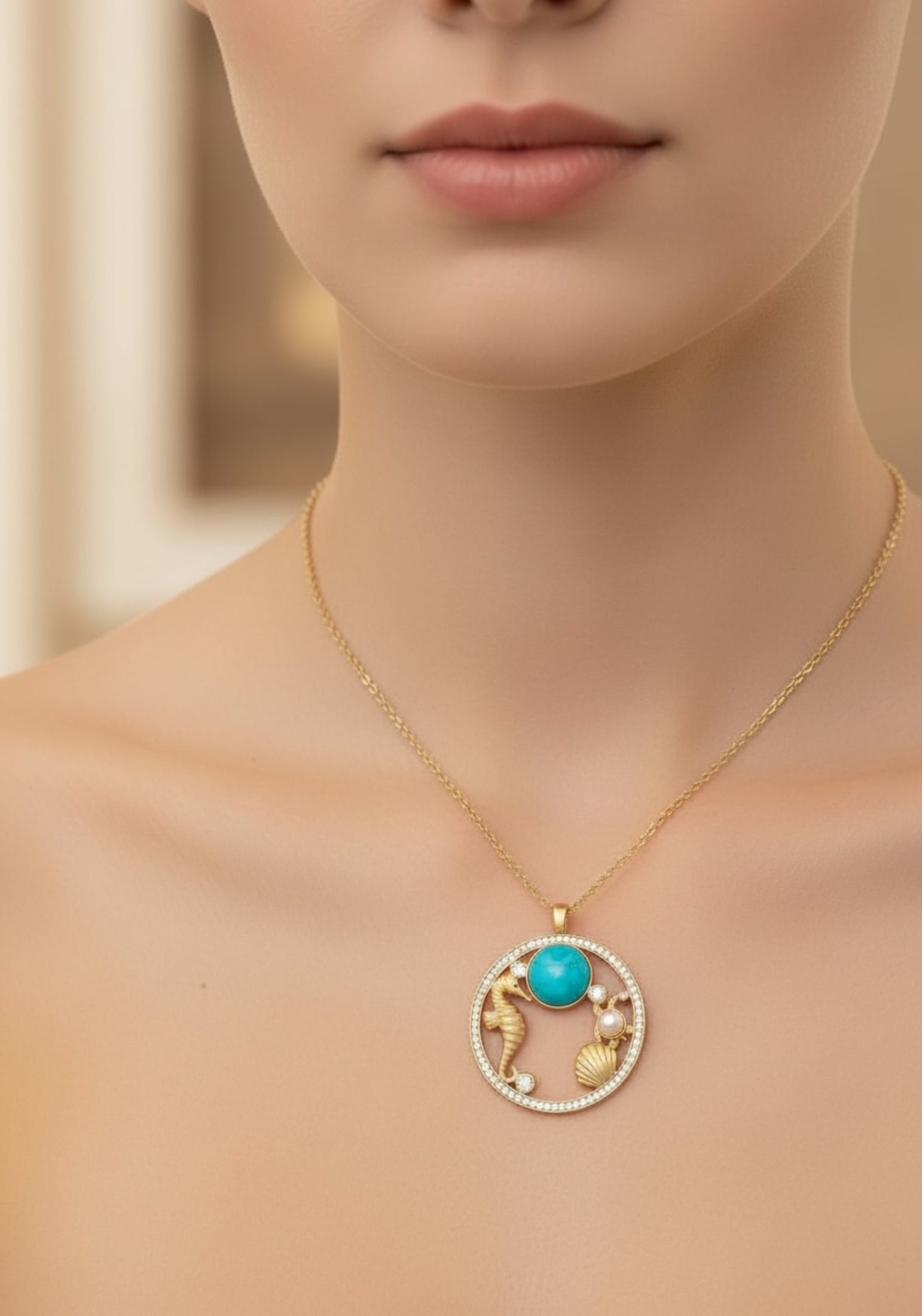 Worn by a model.