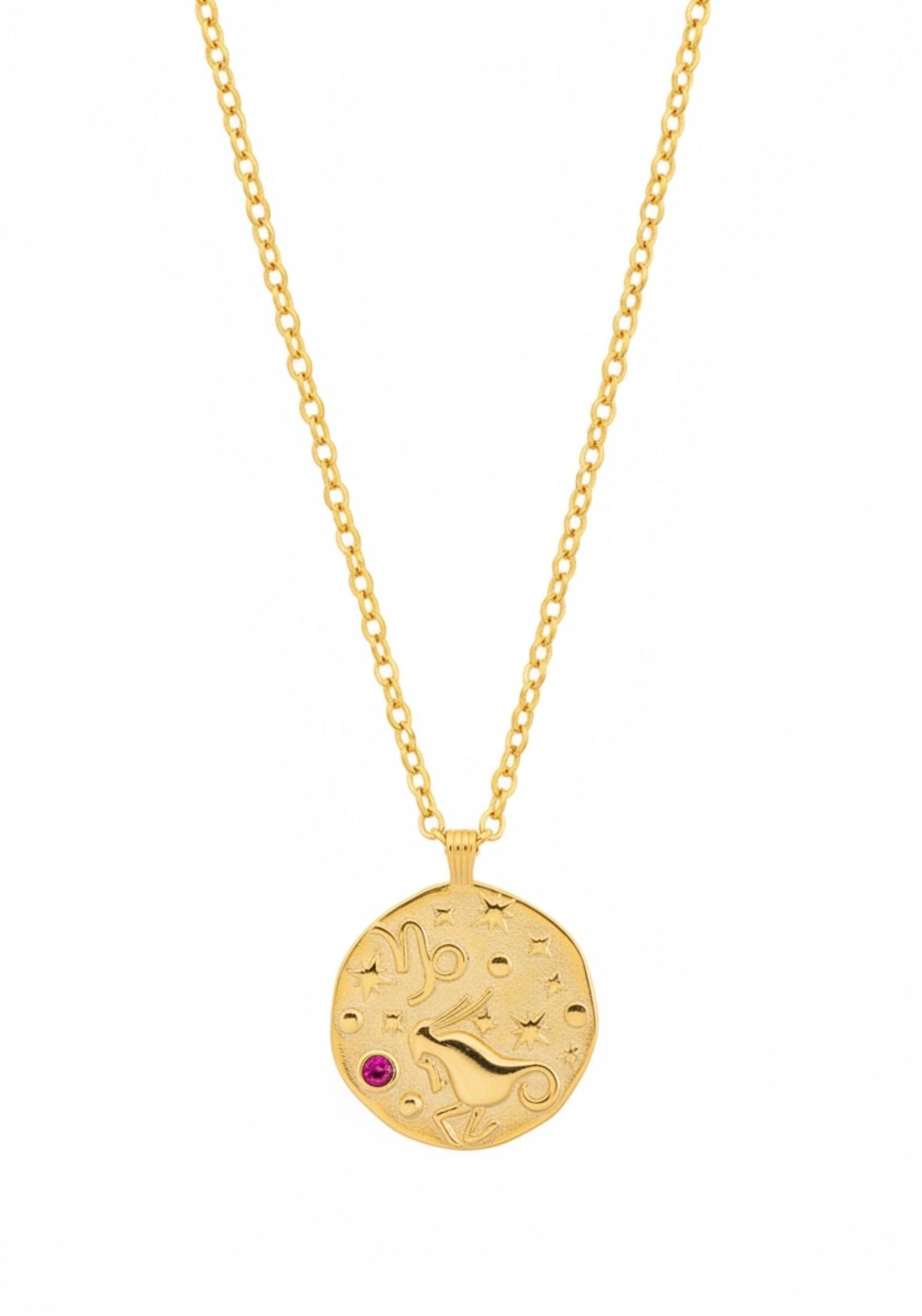 Gold necklace with a round pendant featuring a zodiac sign and a red gemstone on a white background.