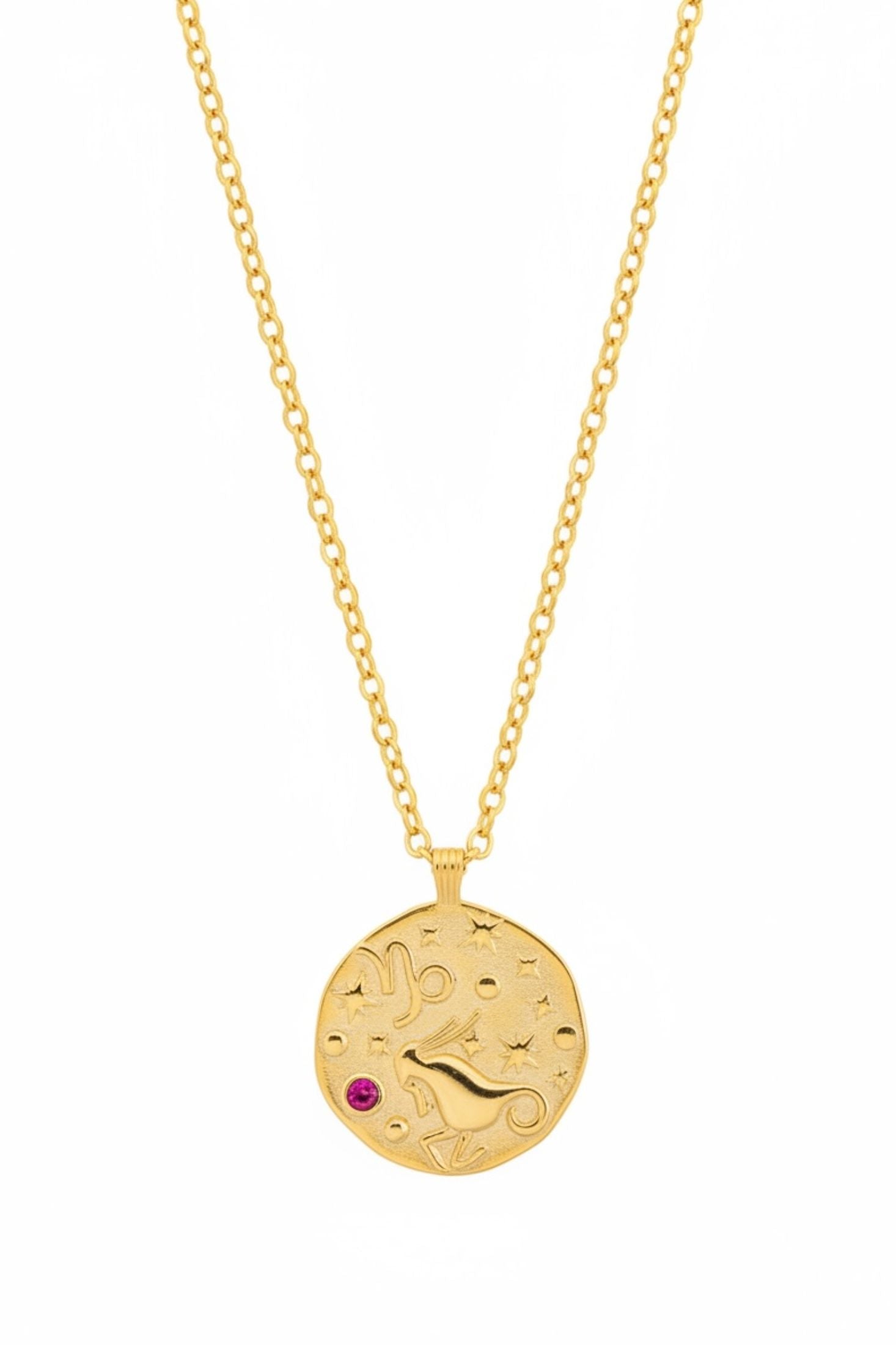 Gold necklace with a round pendant featuring a zodiac sign and a red gemstone on a white background.