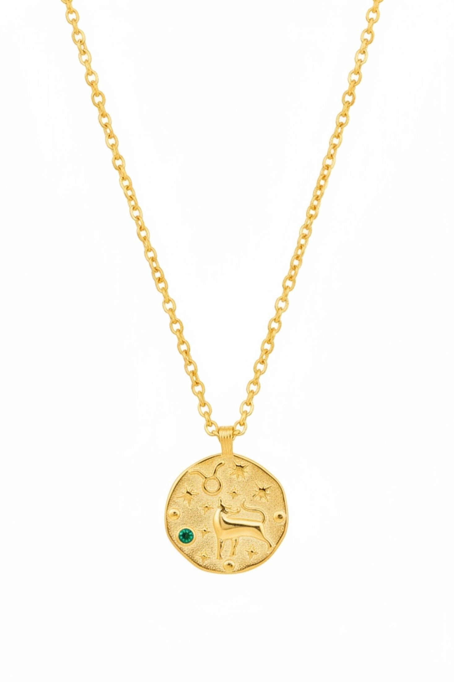 Gold necklace with a zodiac pendant on a white background