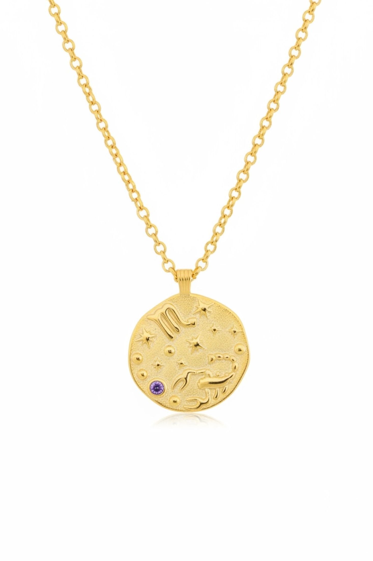 Gold necklace with a zodiac pendant on a white background