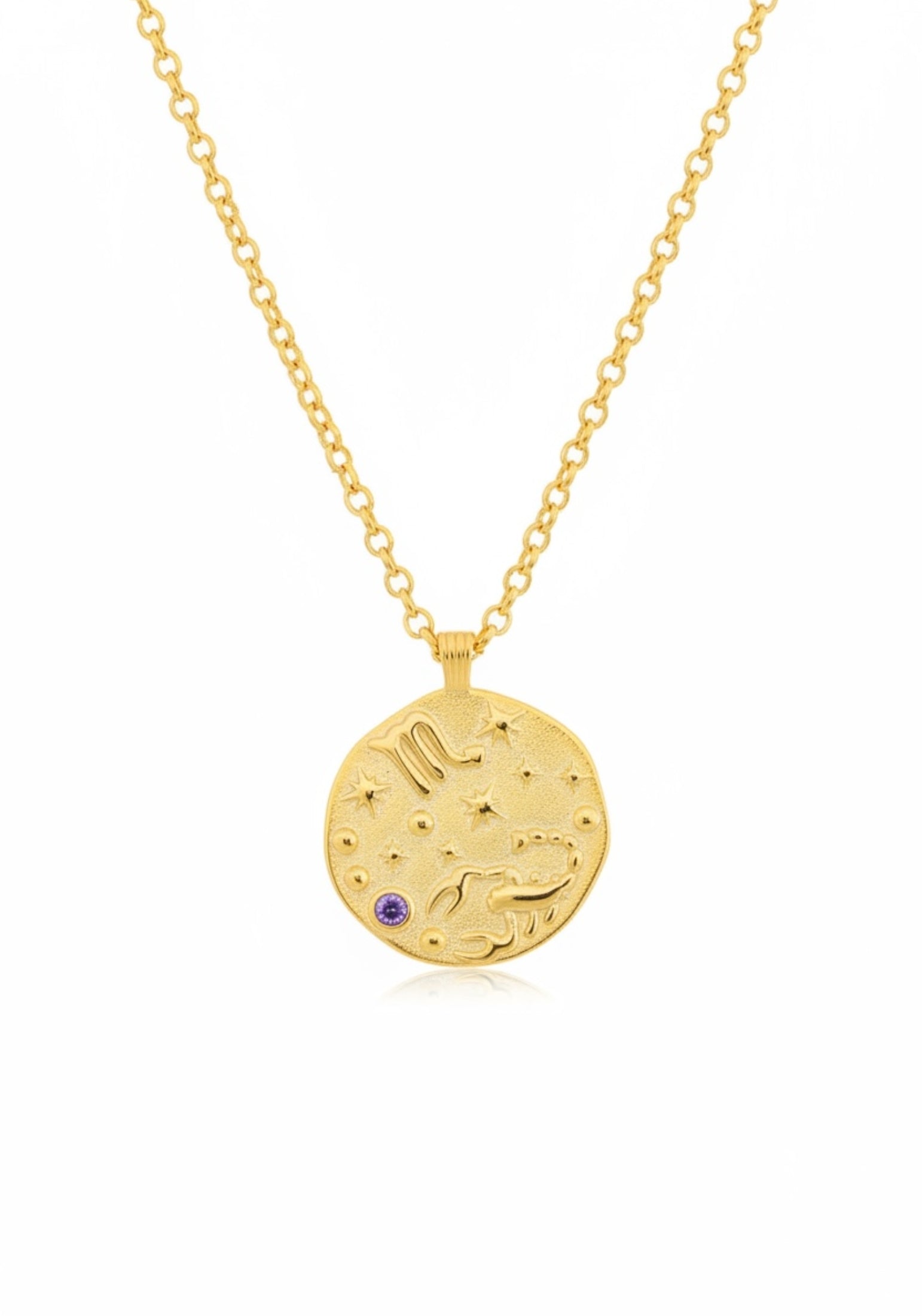 Gold necklace with a zodiac pendant on a white background