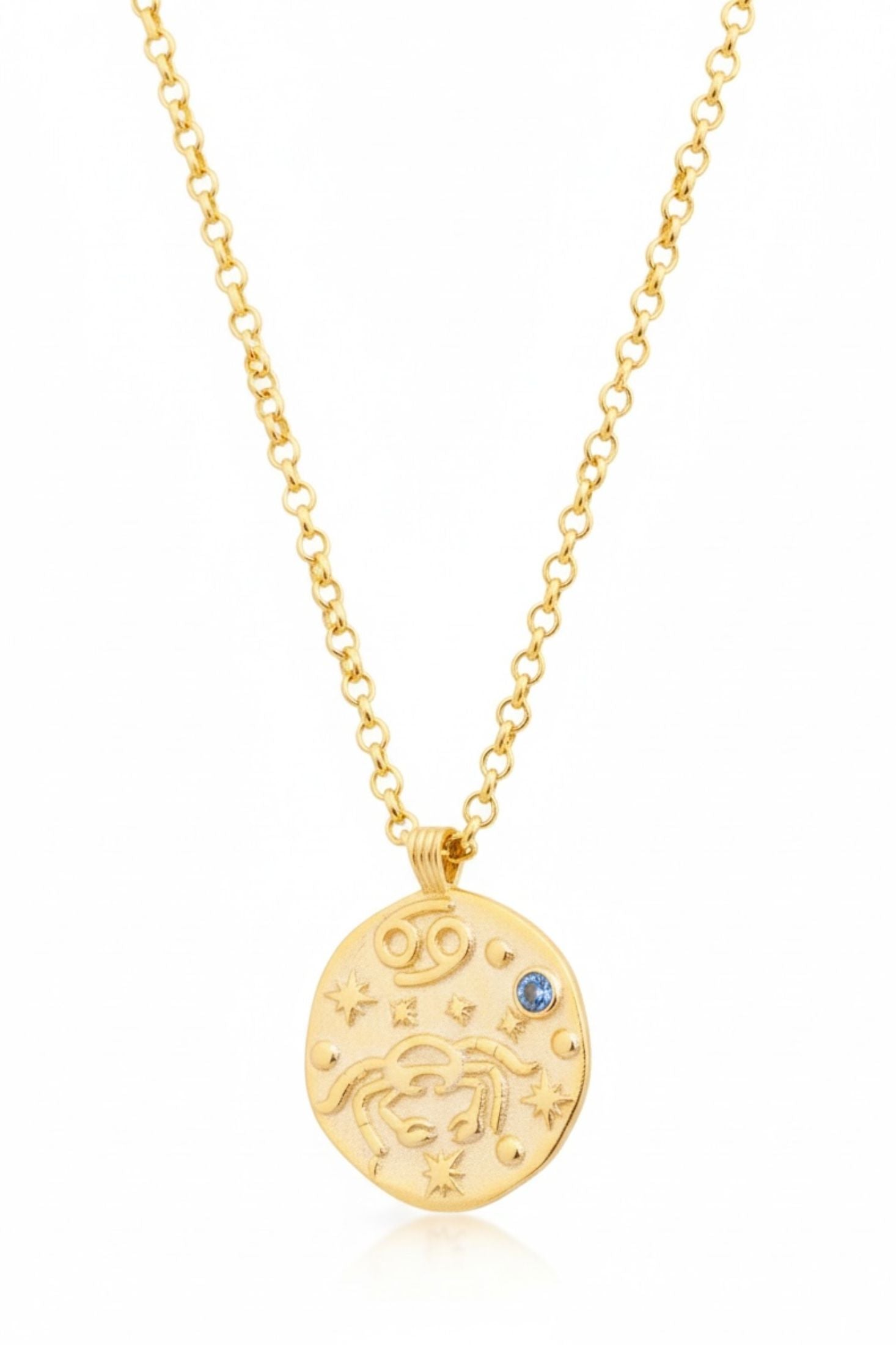18k gold plated Cancer pendant necklace with its birthstone.
