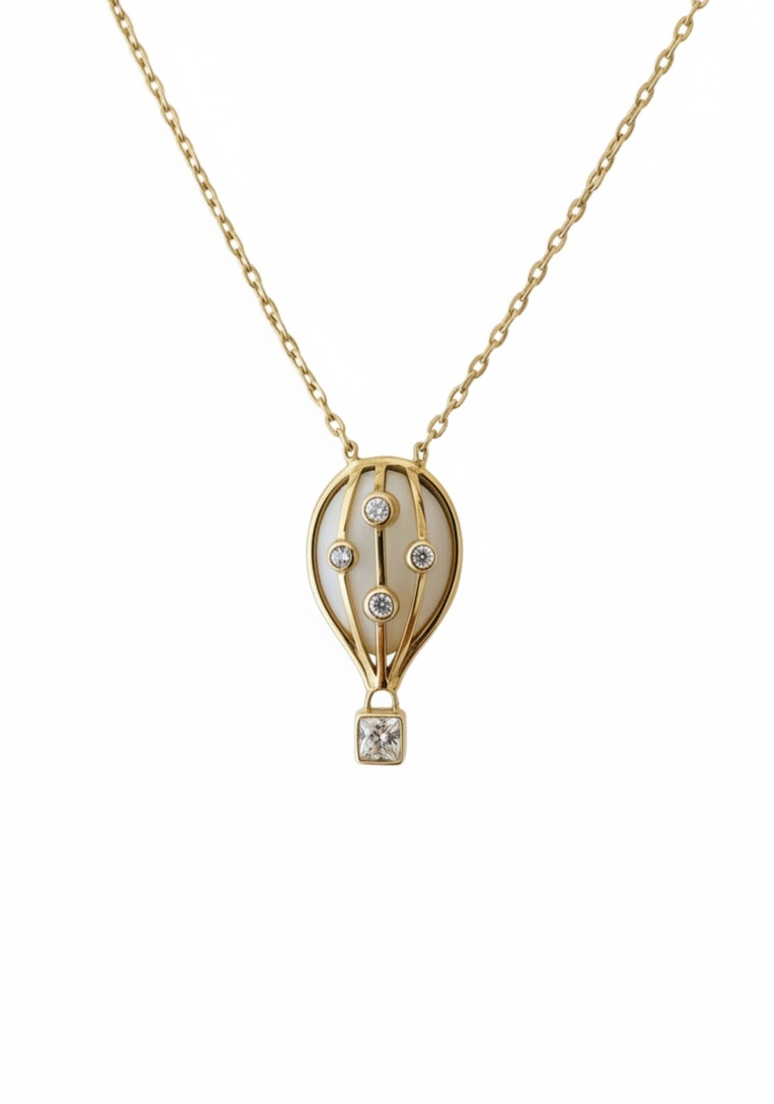 Gold necklace with a hot air balloon pendant on a white background