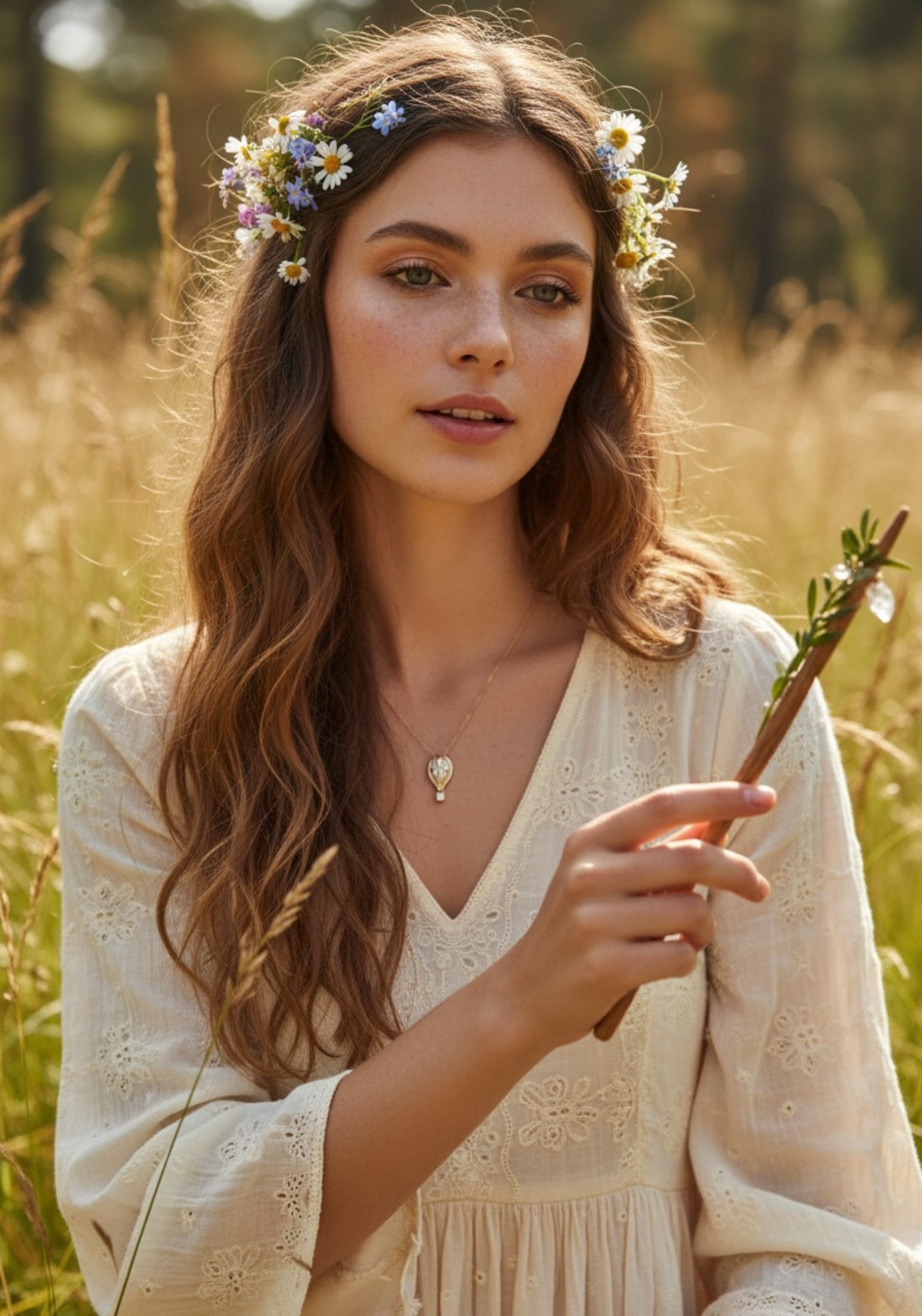 Woman in a white dress with a floral crown wearing a hot air balloon pendant necklace standing in a field