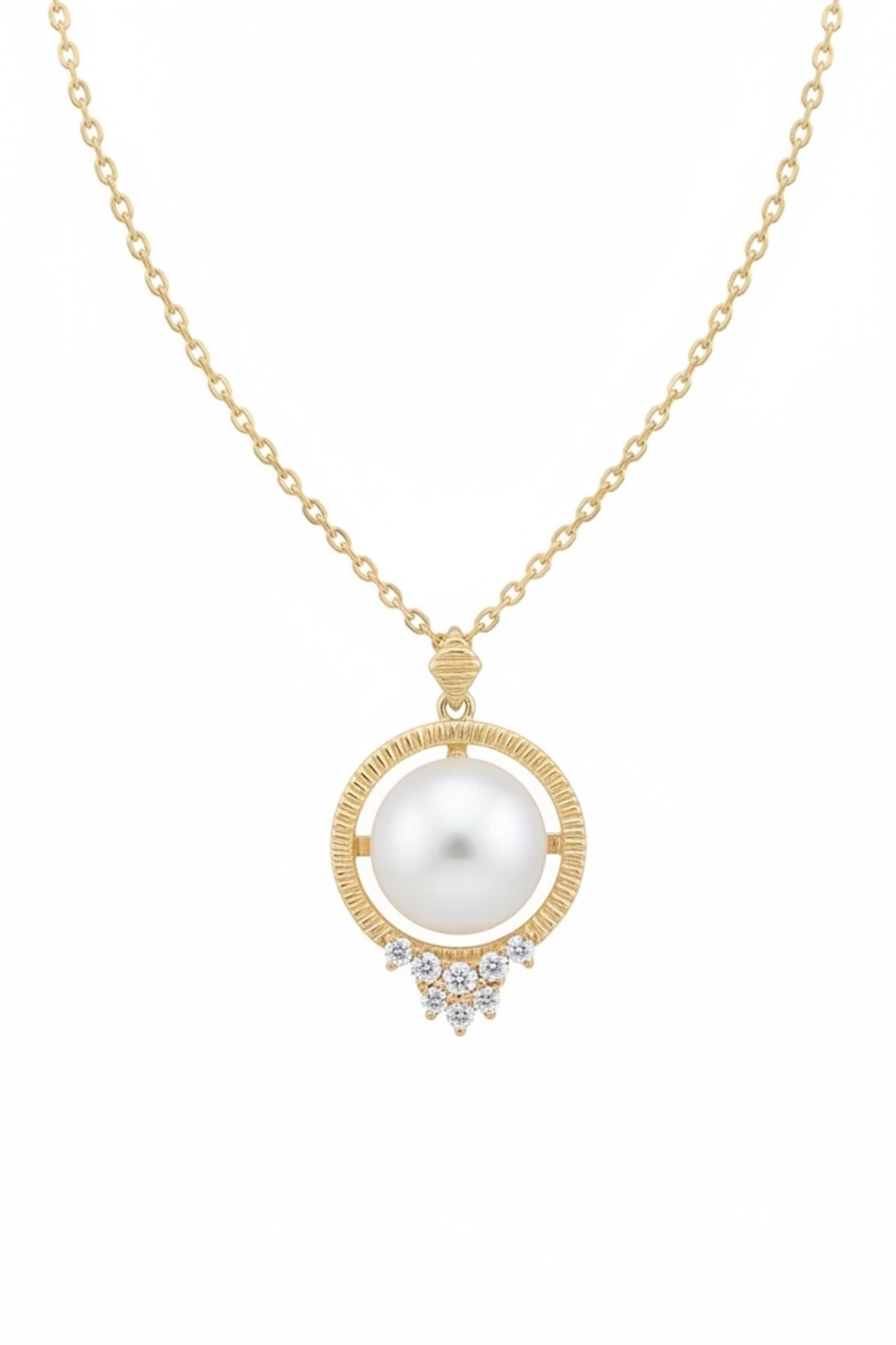 Gold necklace with a pearl pendant on a white background