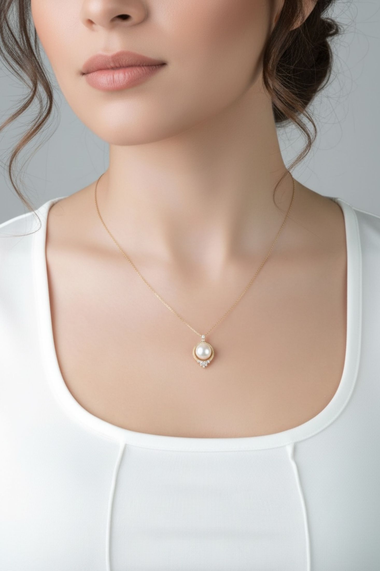 Woman wearing a delicate gold pearl pendant necklace on a plain background