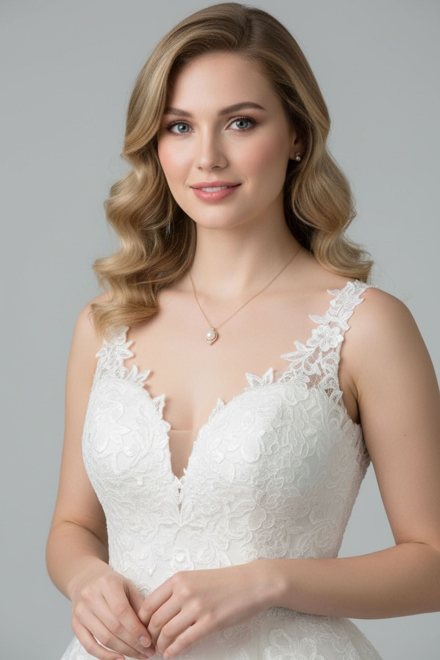 Woman wearing a white lace wedding dress and pearl earrings against a gray background