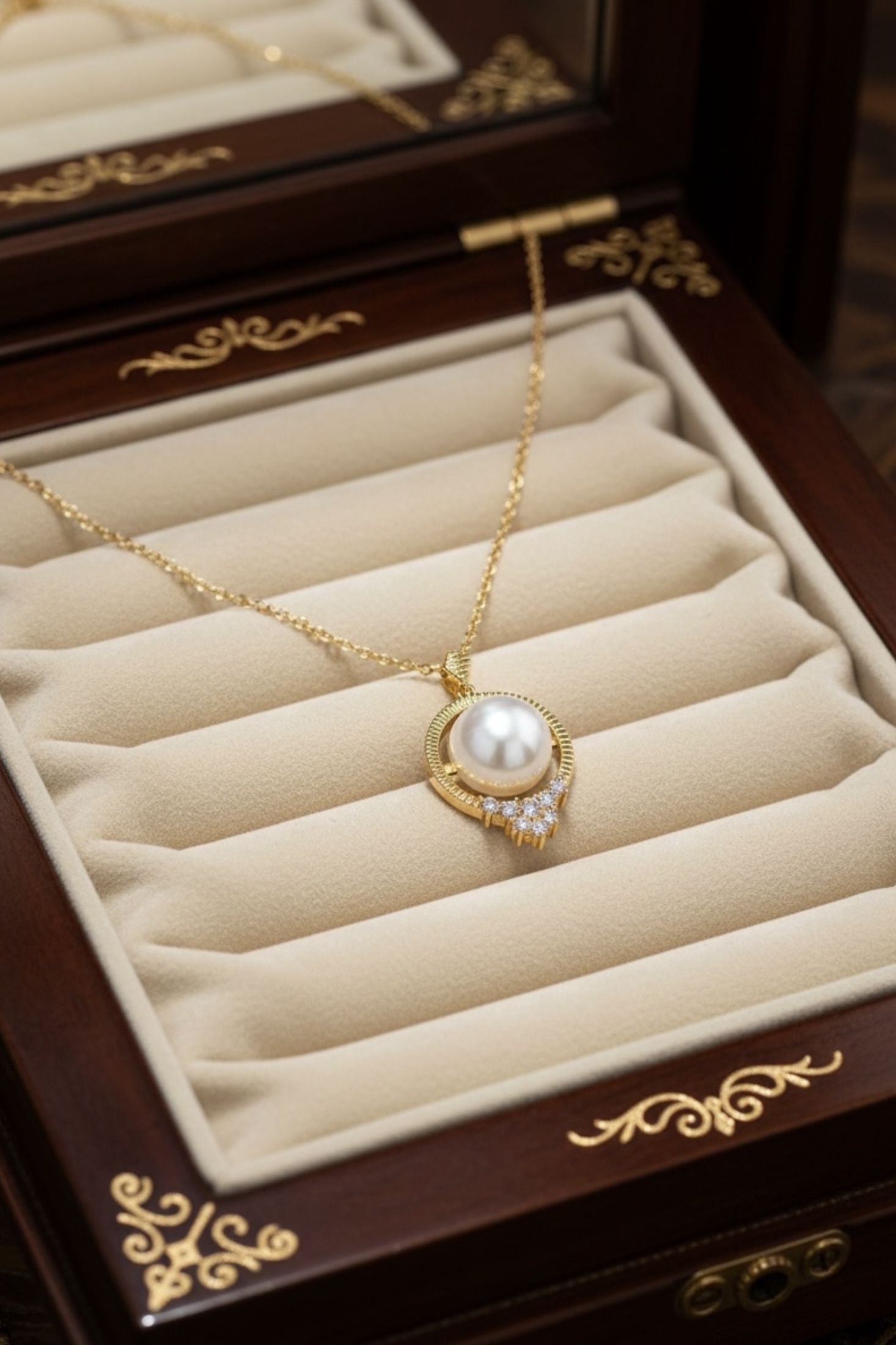 Gold necklace with a pearl pendant on a decorative jewelry box.