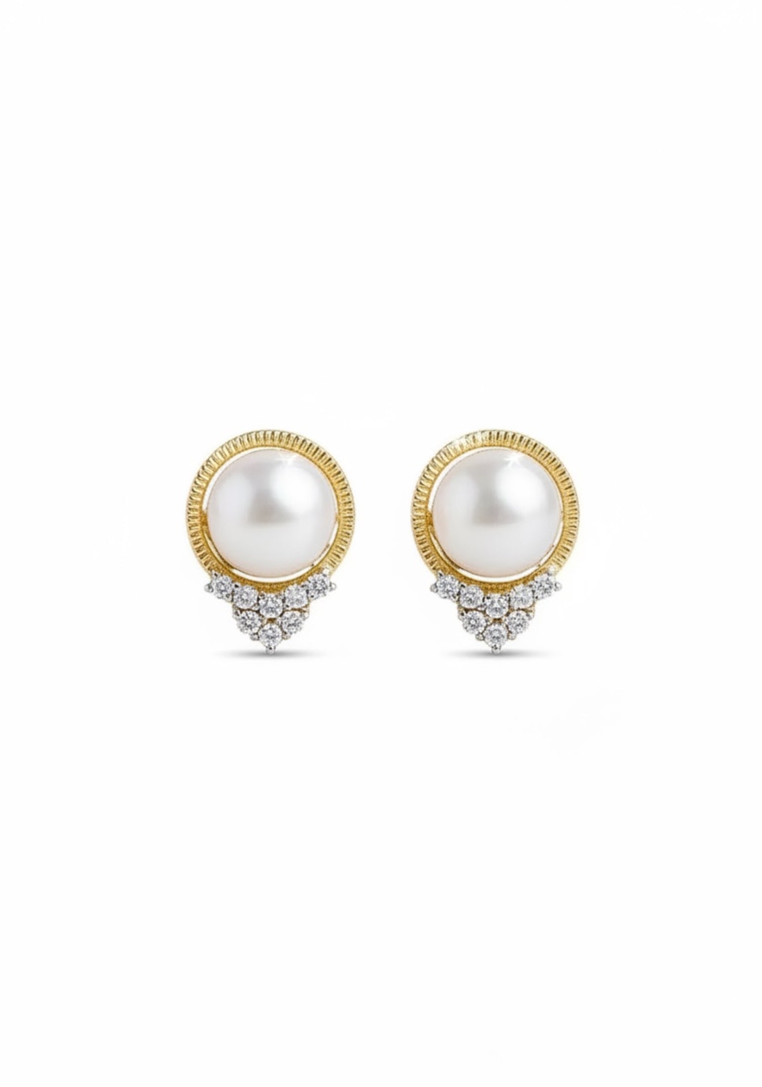 Pair of pearl earrings with gold and diamond accents on a white background