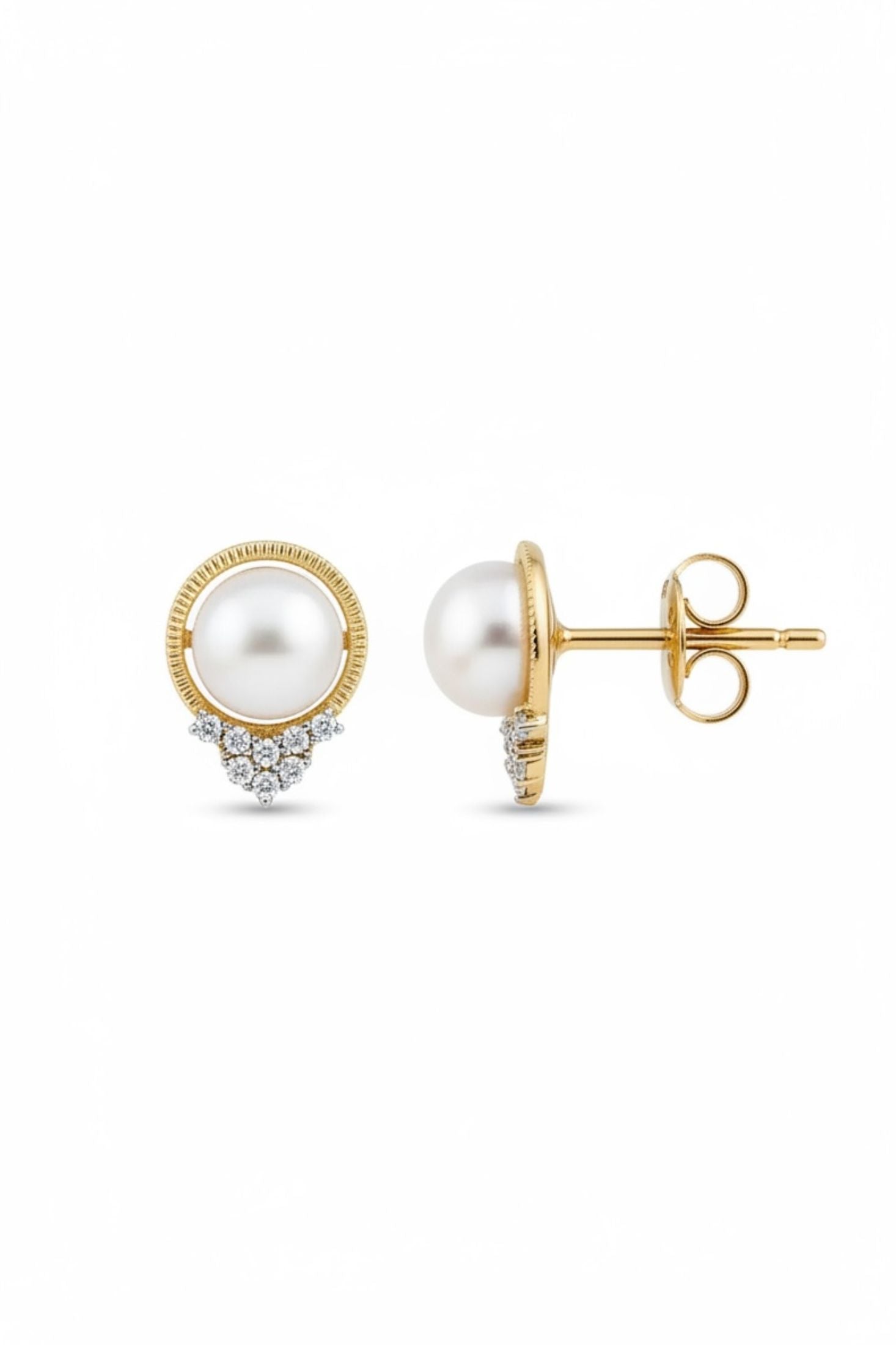 Pair of pearl earrings with gold accents on a white background
