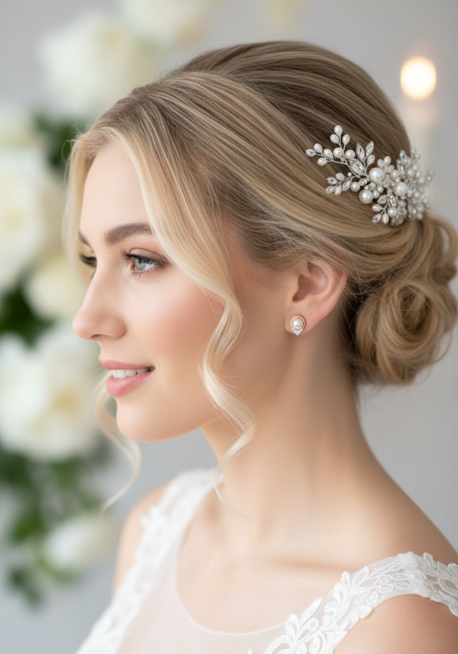 Woman with elegant hairpiece and pearl earrings against a blurred floral background