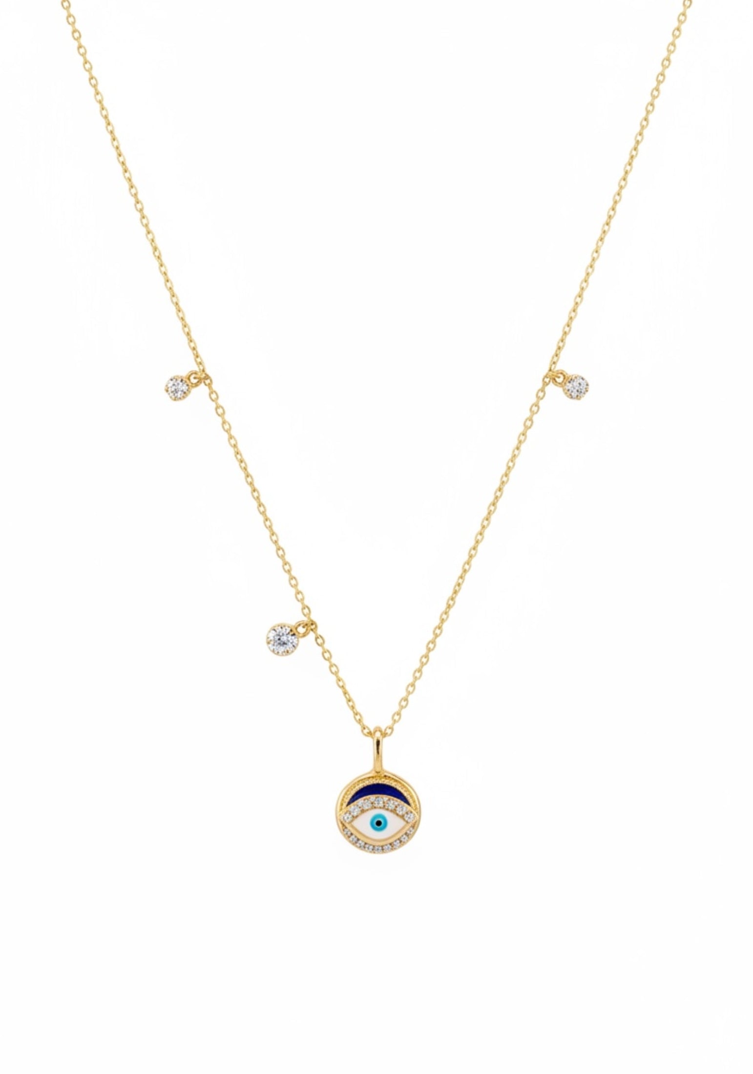 Gold necklace with an eye-shaped pendant on a white background