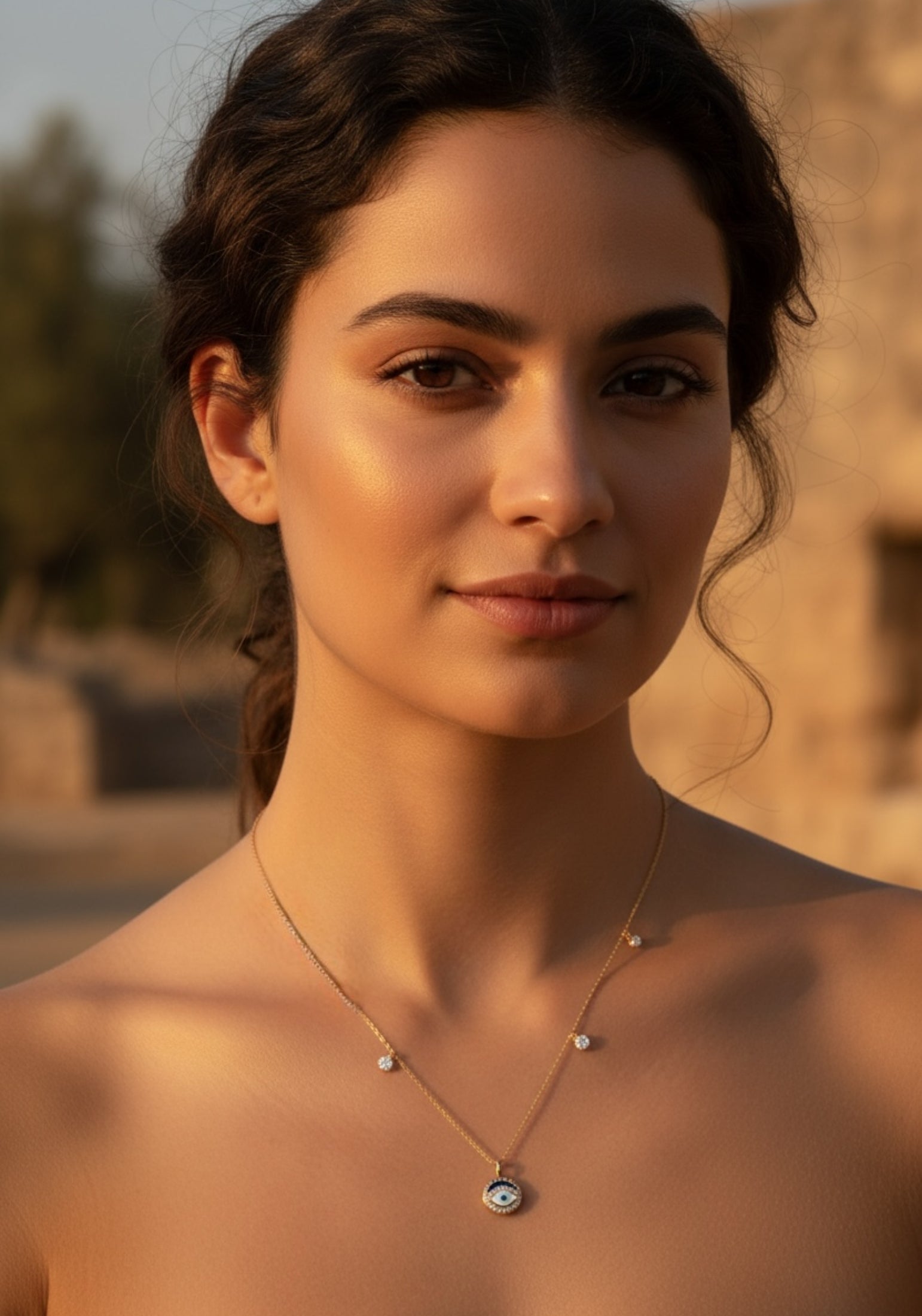 Woman wearing an evil eye pendant necklace with a blurred natural background