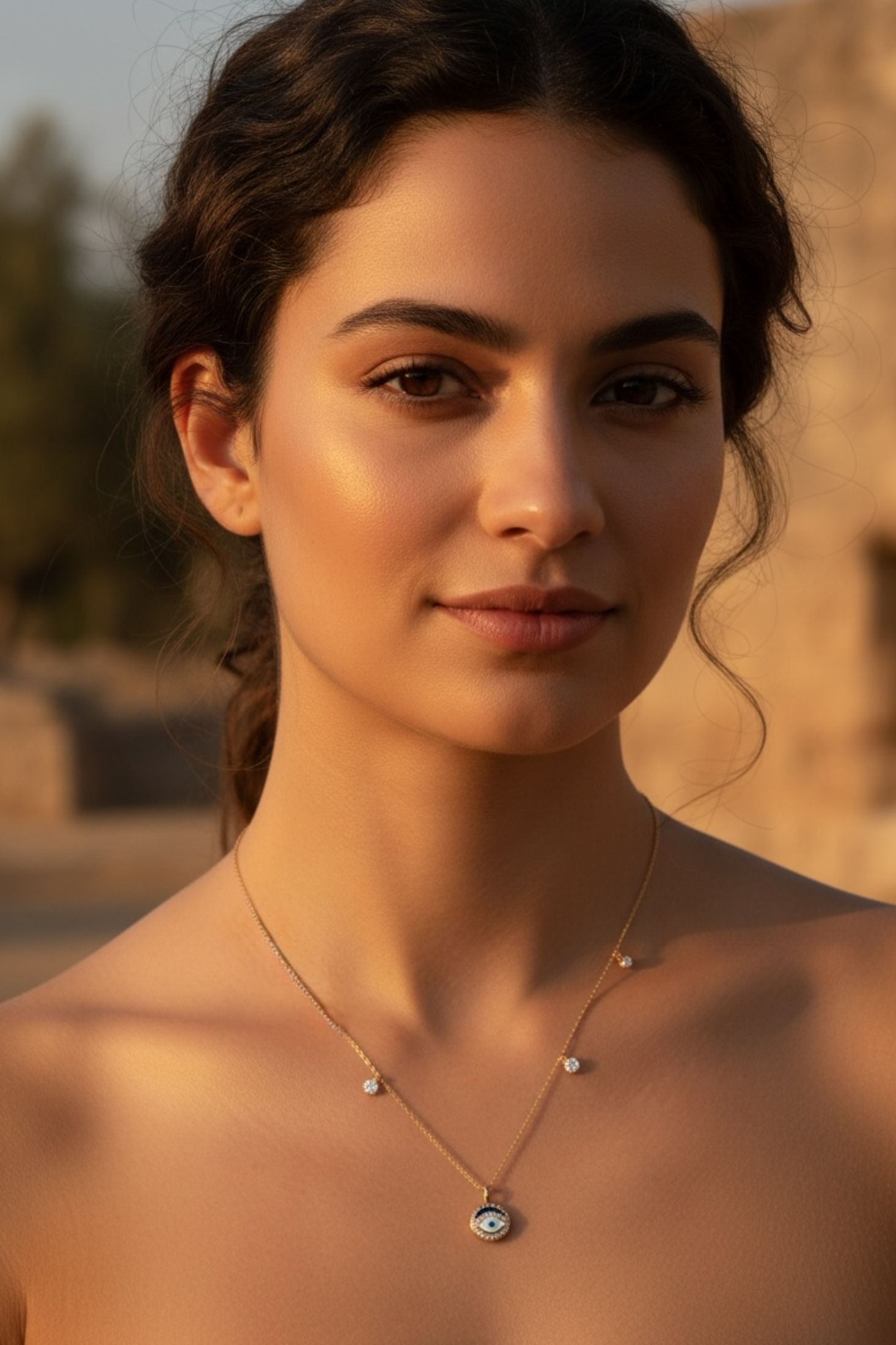 Woman wearing an evil eye pendant necklace with a blurred natural background