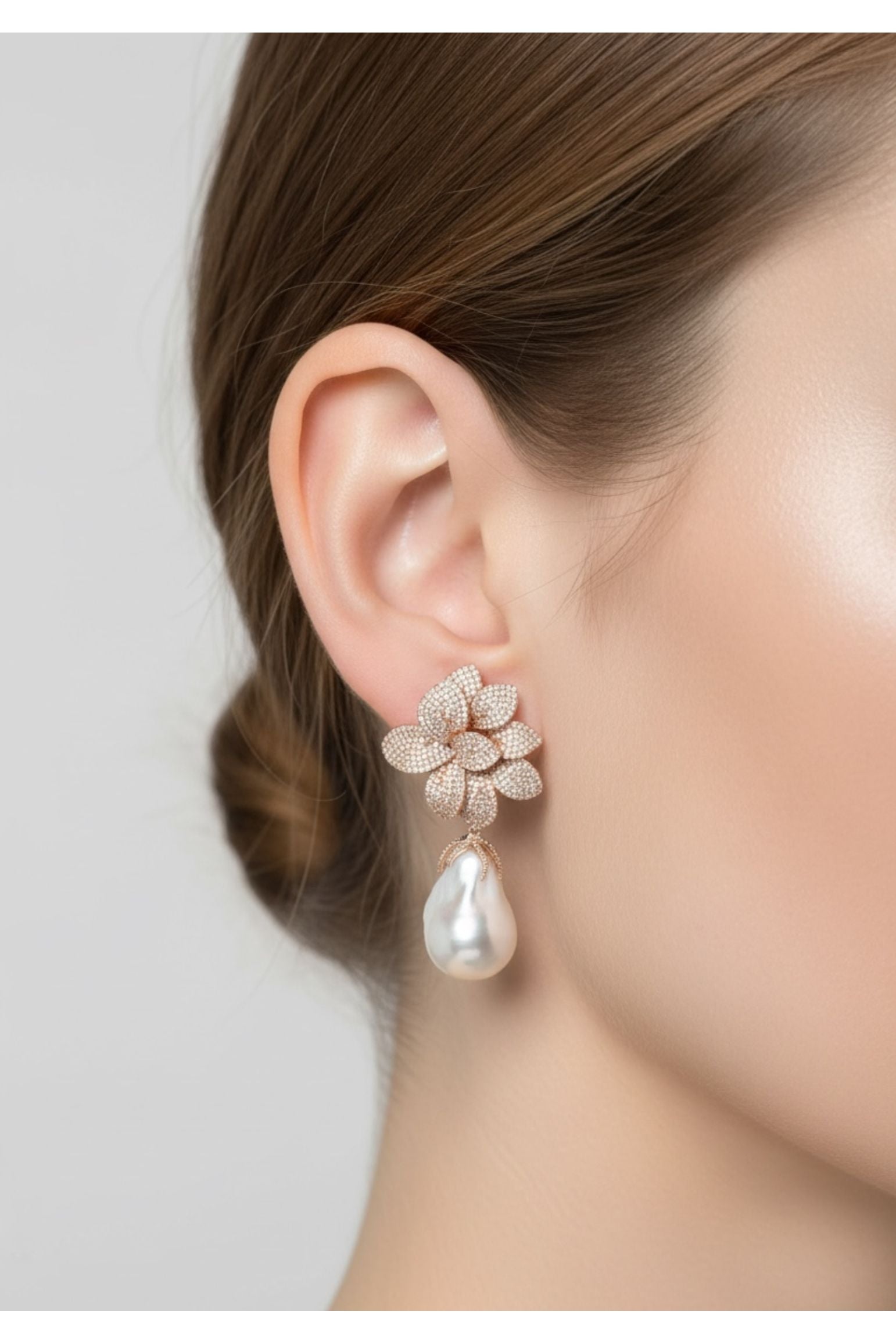 Amaryllis Flower Baroque Pearl Drop Earrings White Rosegold