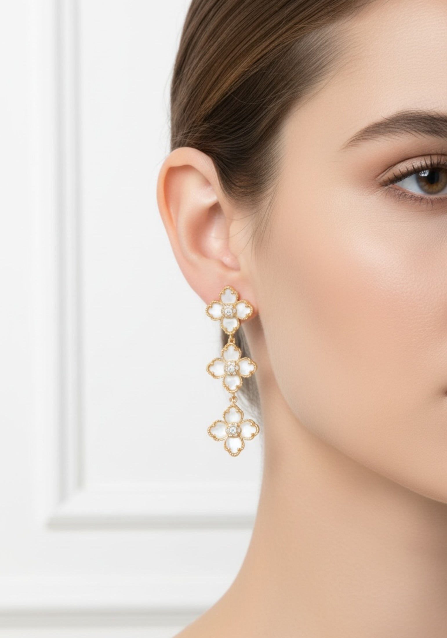 Flower Clover Triple Drop Earrings Mother Of Pearl Gold