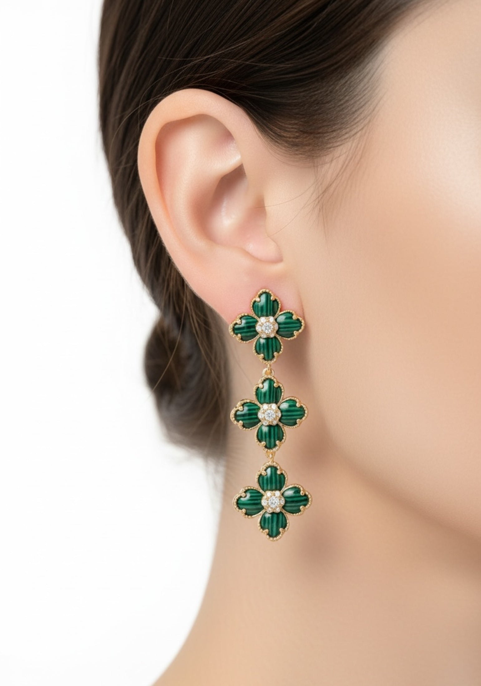 Flower Clover Triple Drop Earrings Malachite Gold