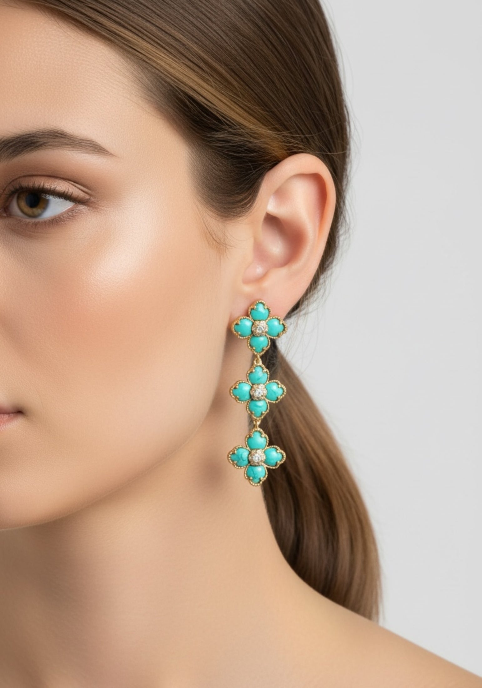 Flower Clover Triple Drop Earrings Arizona Turquoise Gold