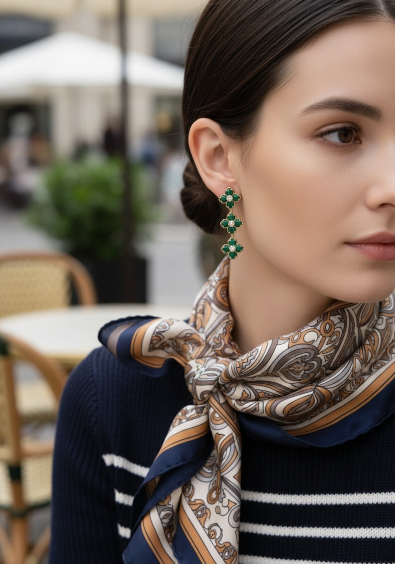 Flower Clover Triple Drop Earrings Malachite Gold