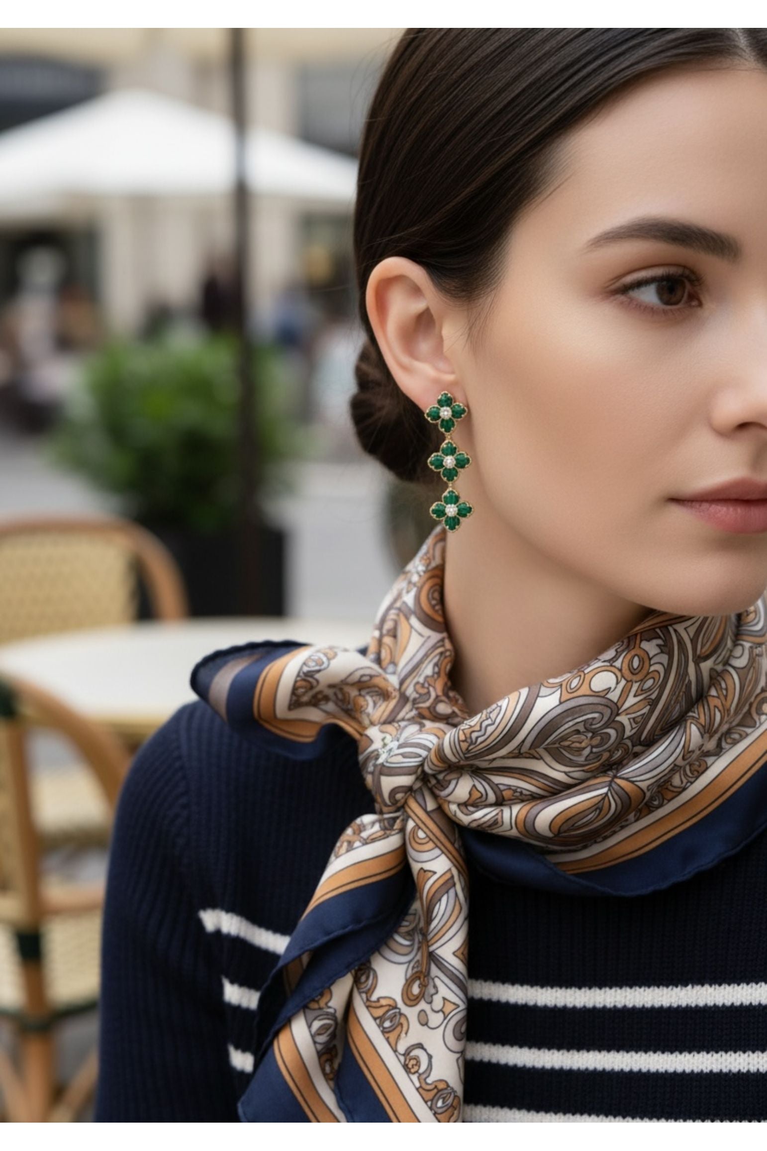 Flower Clover Triple Drop Earrings Malachite Gold