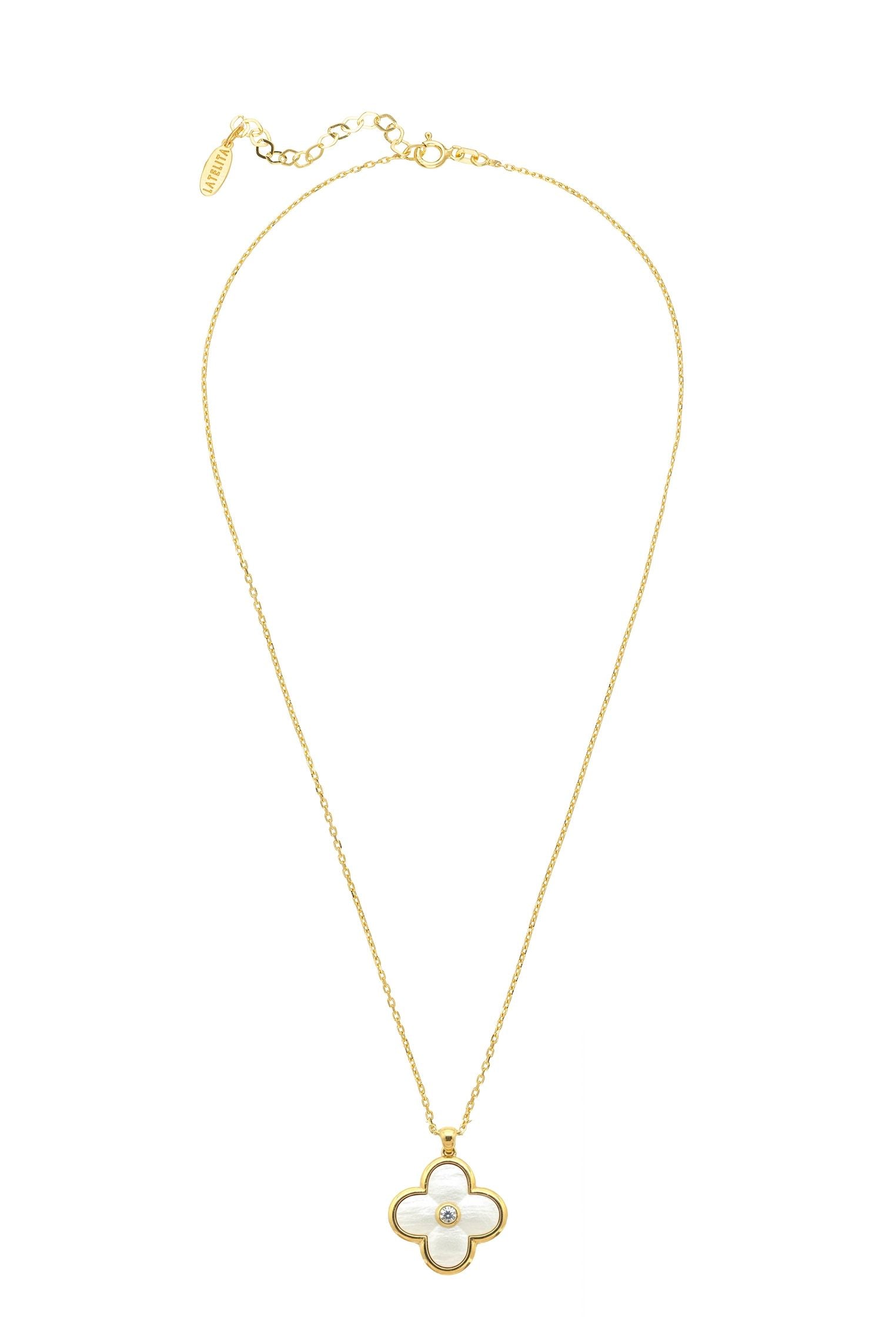 Gold necklace with a clover-shaped pendant on a white background