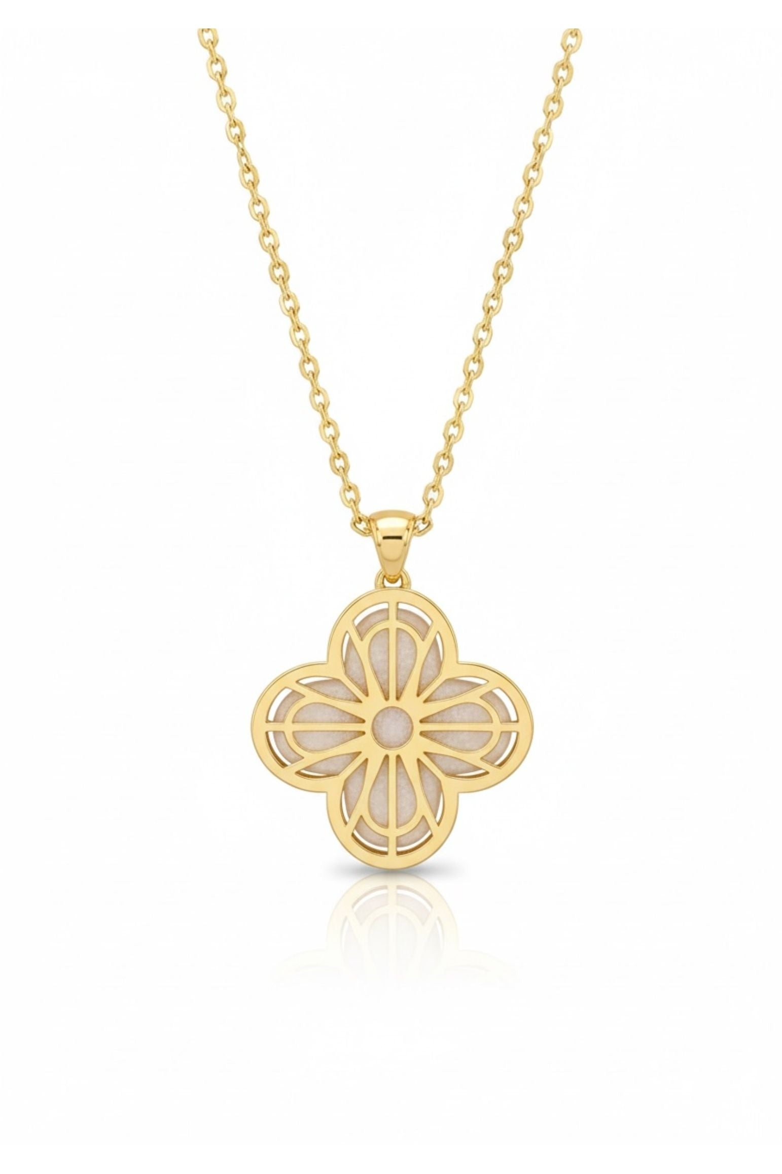Gold necklace with a clover-shaped pendant on a white background