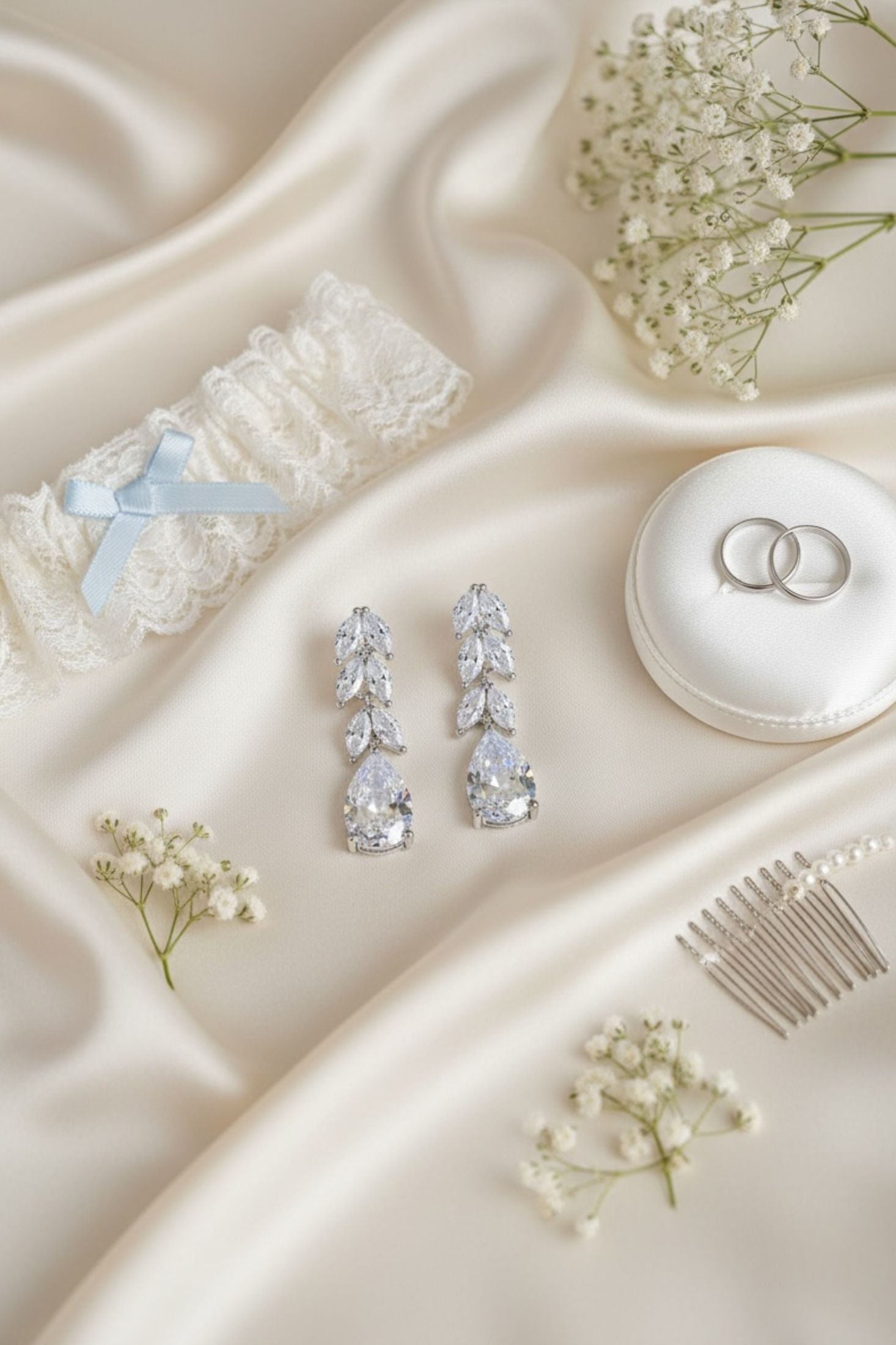 Wedding accessories with silver teardrop earrings in the centre on a satin surface with baby's breath flowers.