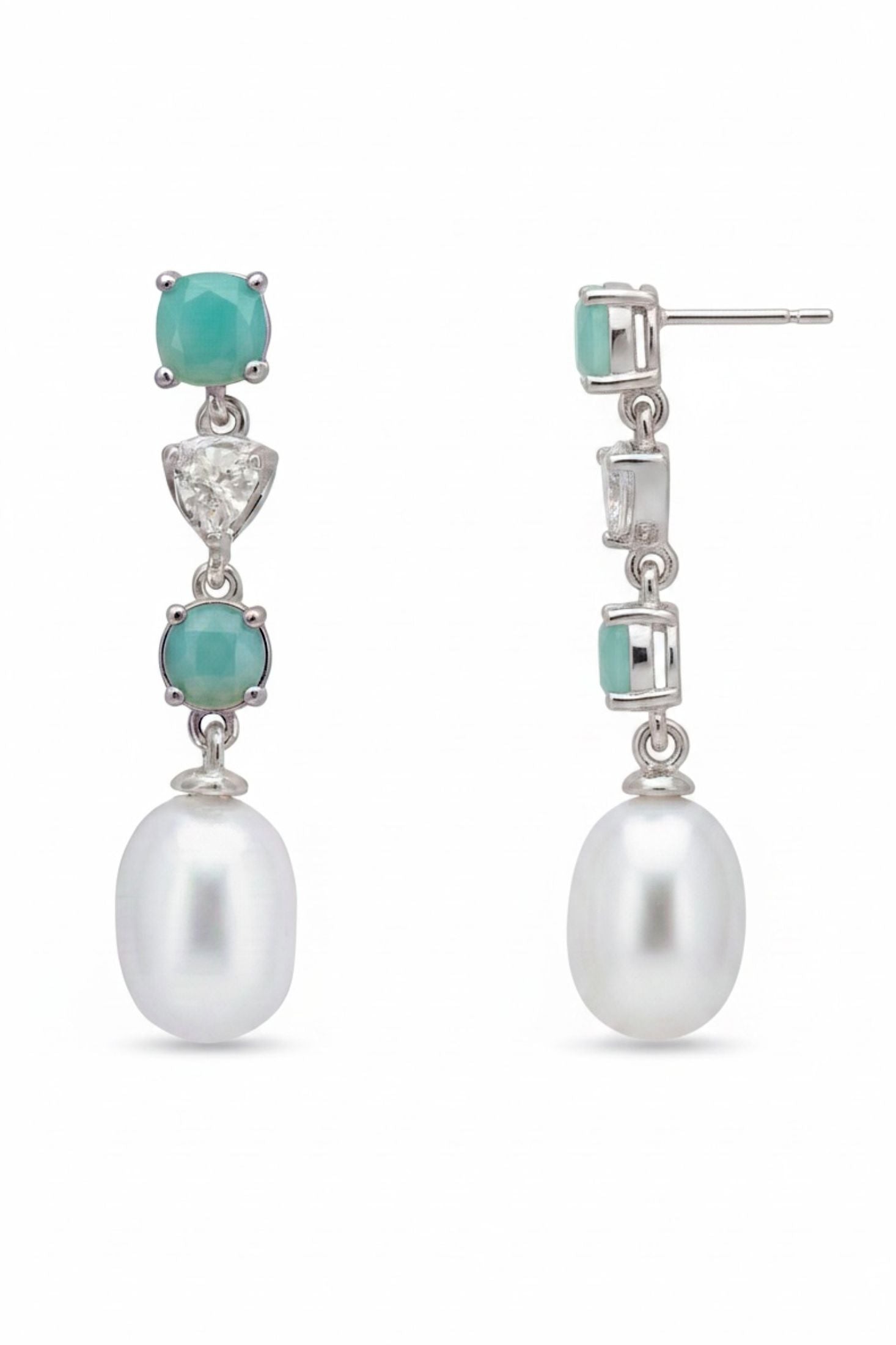 Angled view of Pearl Whisper Drop Earrings Paraiba Tourmaline Silver, showing pearl detailing, silver finish and the jewellery profile.