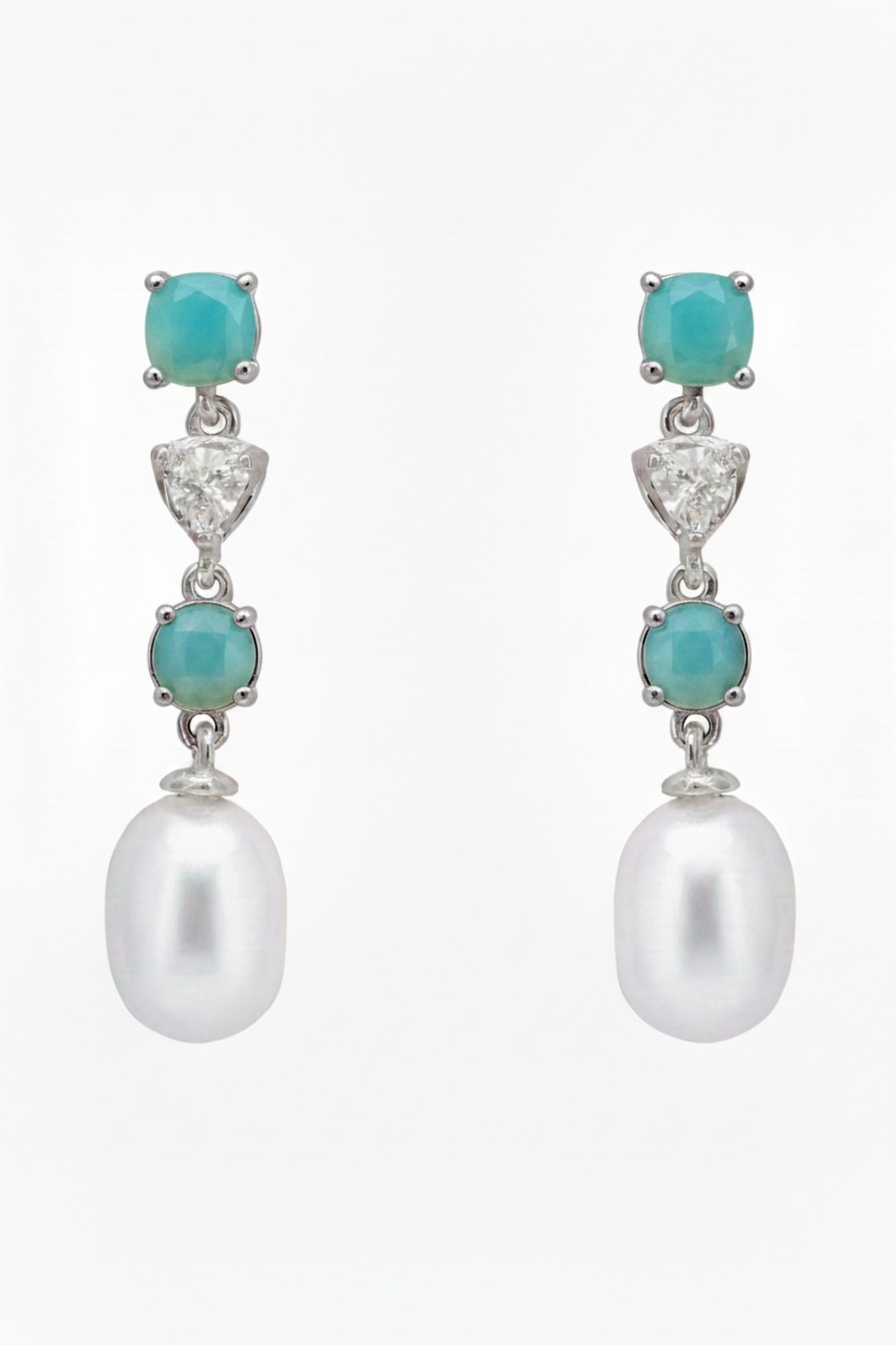 Front view of Pearl Whisper Drop Earrings Paraiba Tourmaline Silver, showing pearl detailing, silver finish.