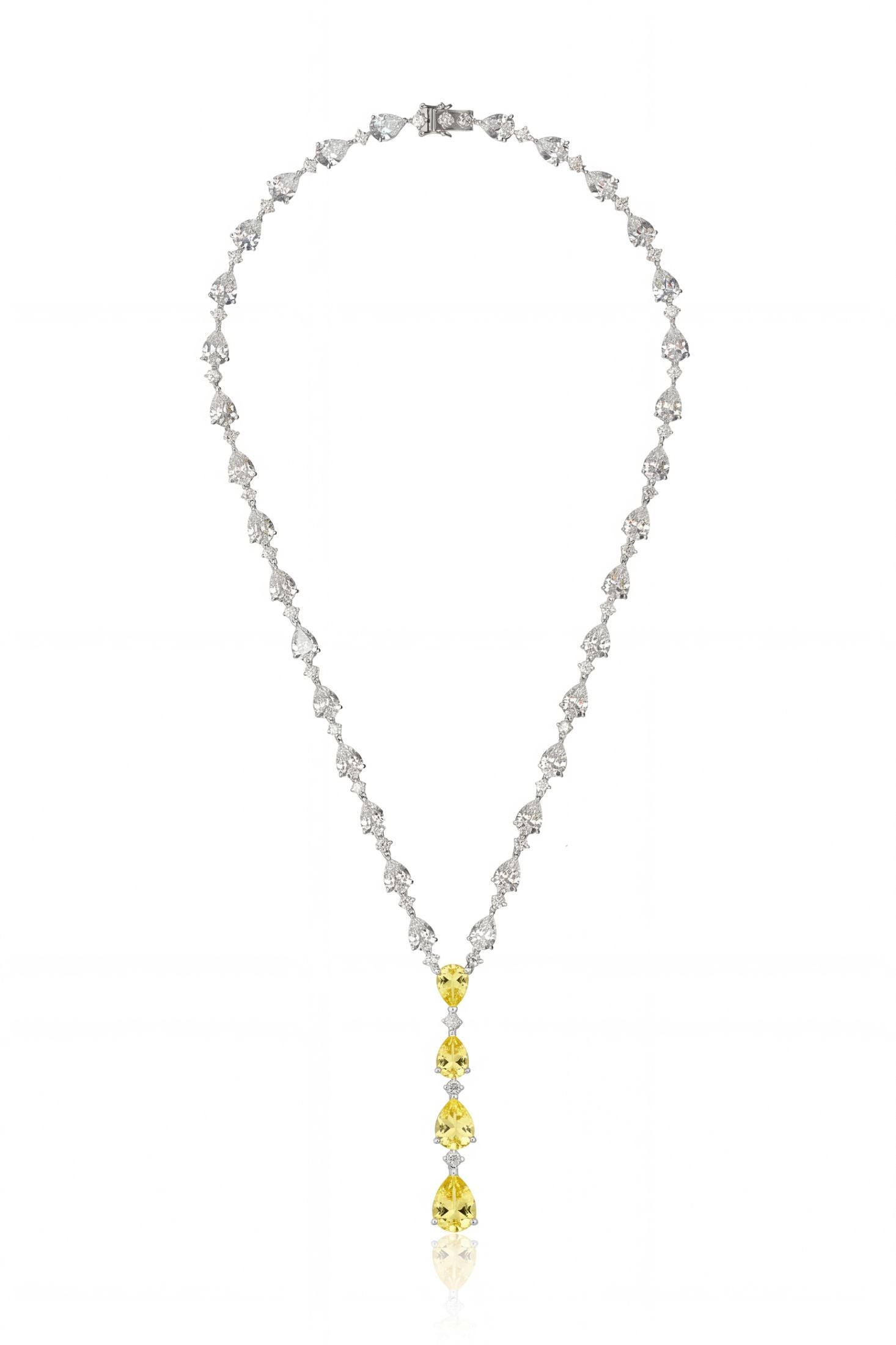 Angled view of Elizabeth Statement Necklace Yellow Topaz Silver, showing silver finish and the jewellery profile.