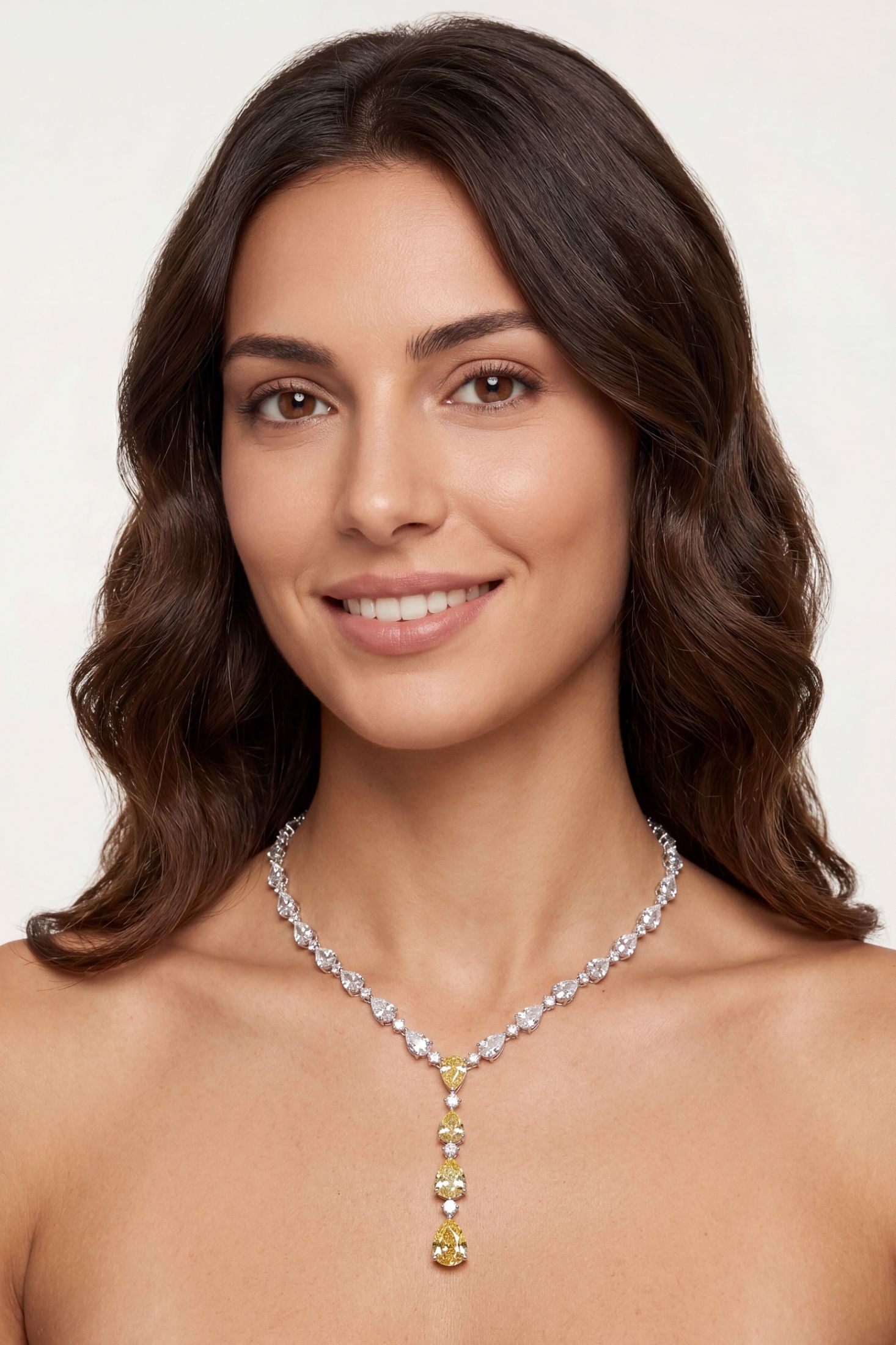 Angled view of Elizabeth Statement Necklace Yellow Topaz Silver, showing silver finish and the jewellery profile.