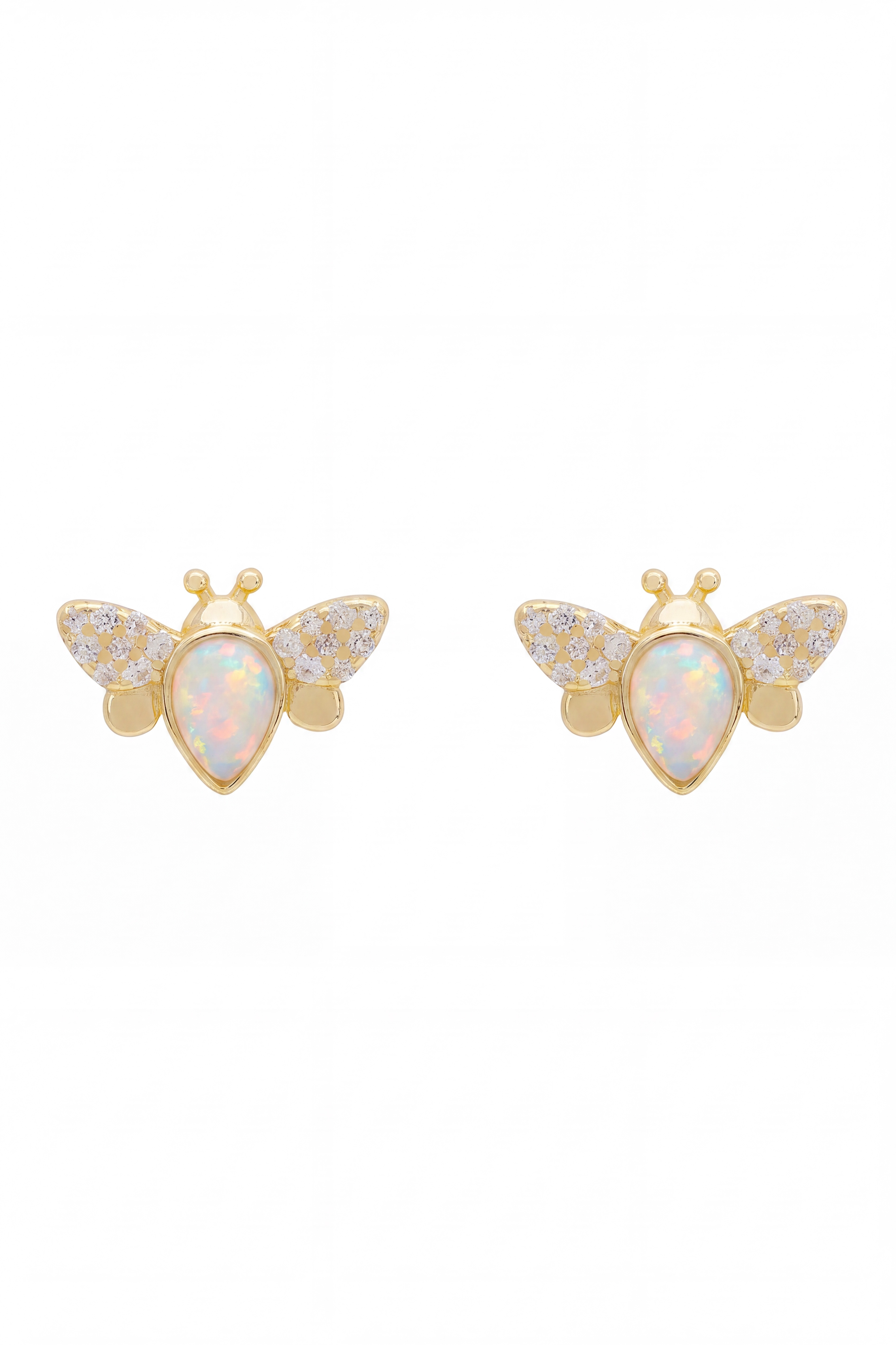 Front view of Busy Bee White Opal Stud Earrings Gold, showing bee design, cubic zirconia and zirconia detailing, gold finish.