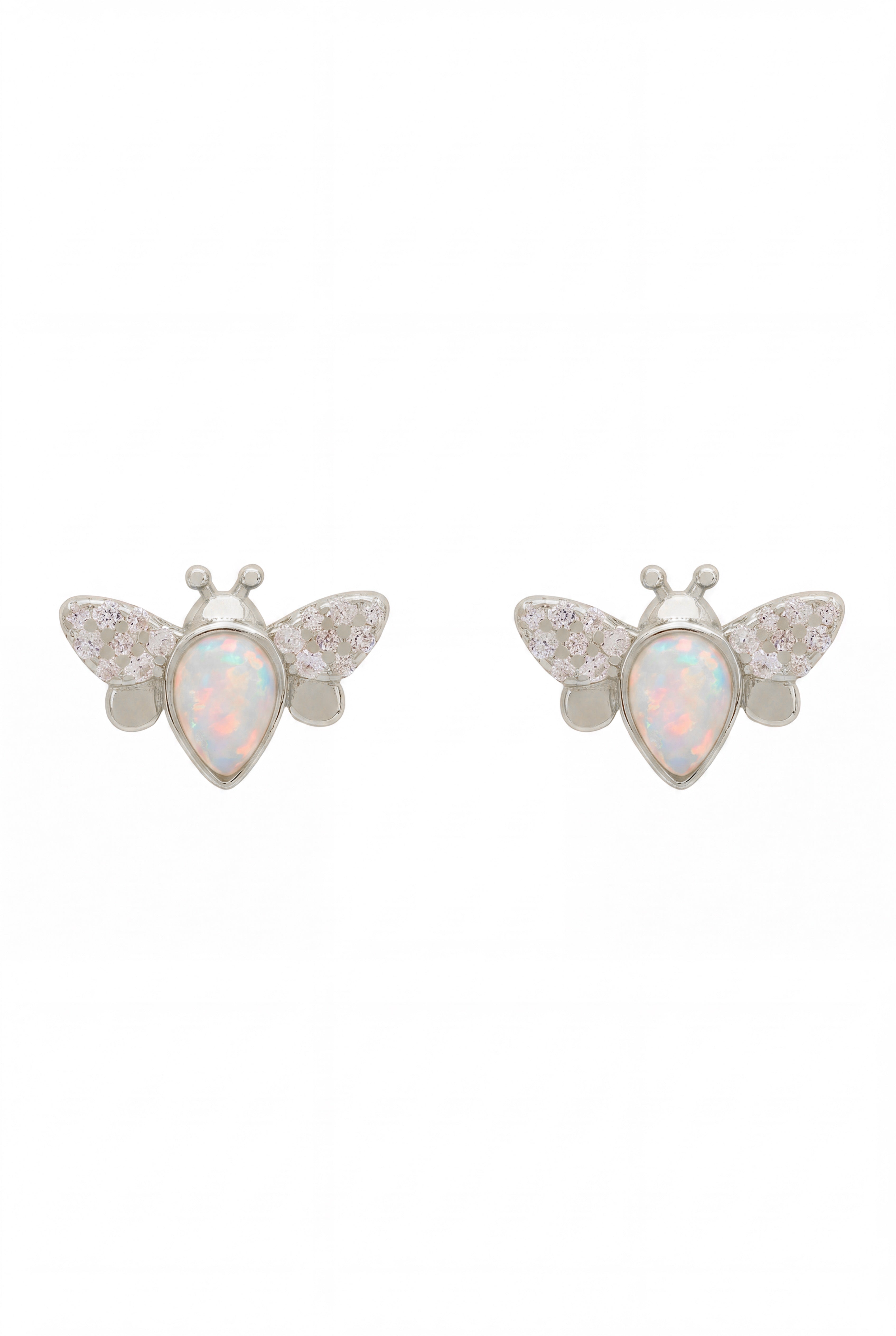 Busy Bee White Opal Stud Earrings Silver