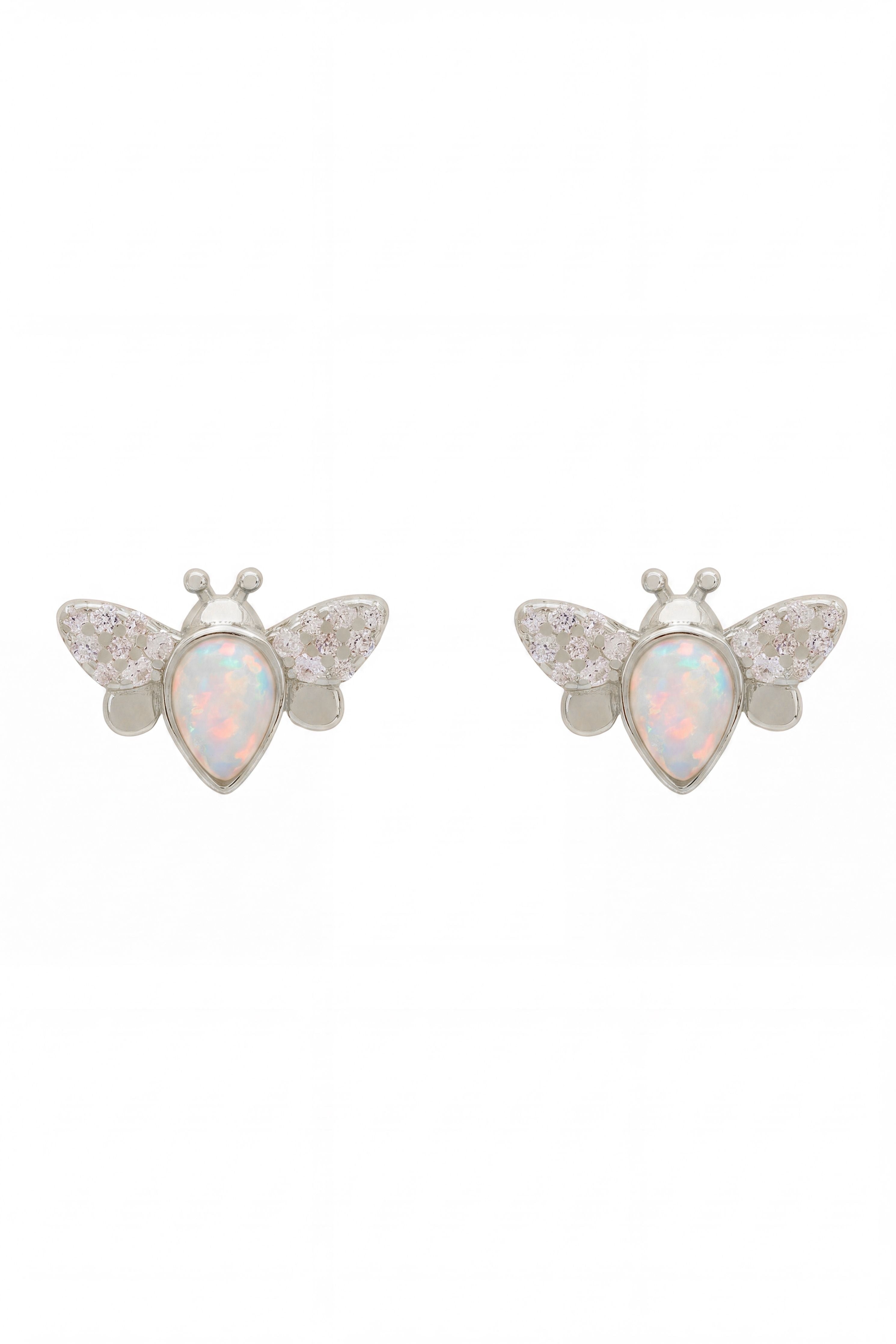 Front view of Busy Bee White Opal Stud Earrings Silver, showing bee design, cubic zirconia and zirconia detailing, silver finish.
