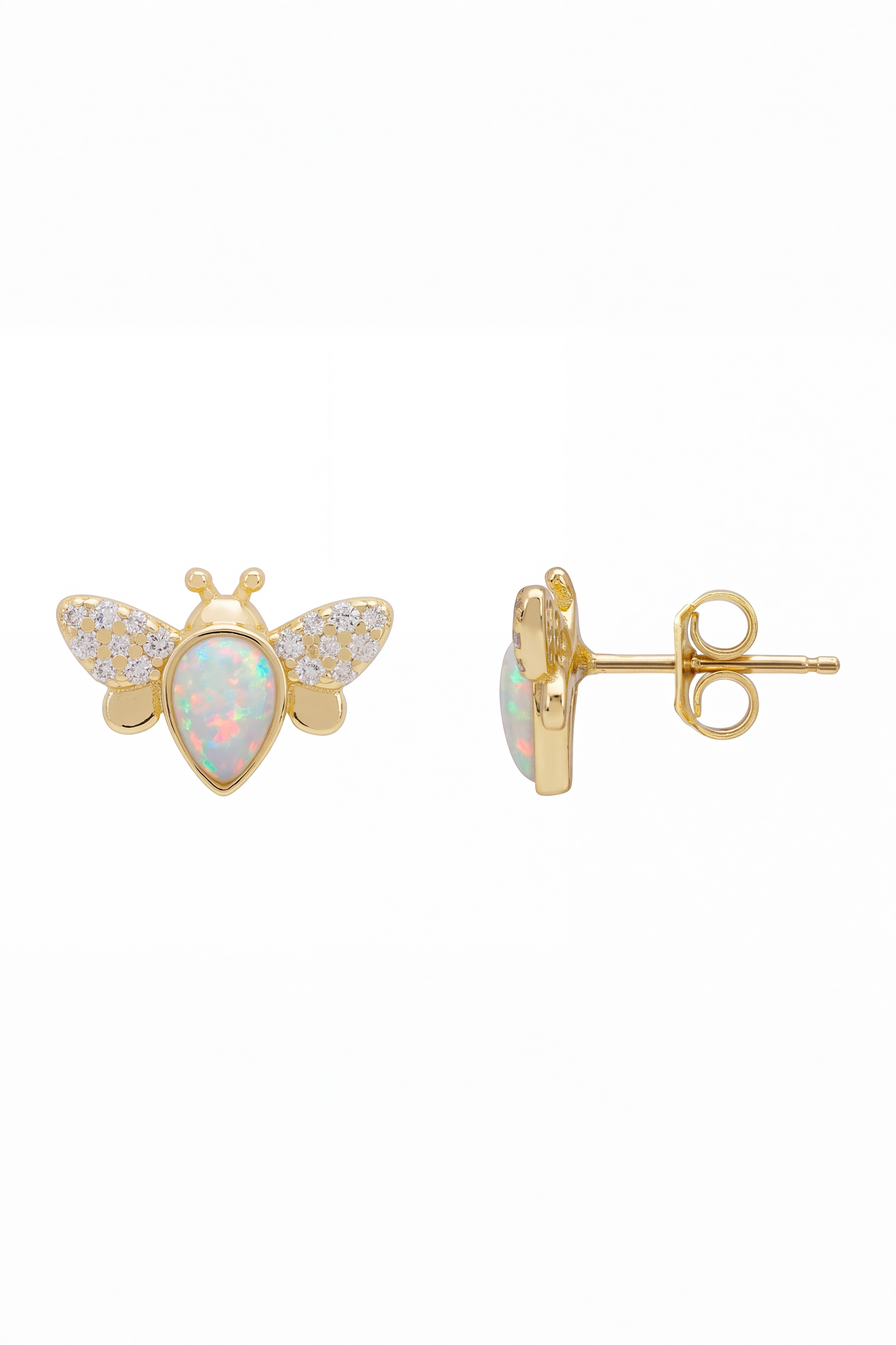 Angled view of Busy Bee White Opal Stud Earrings Gold, showing bee design, gold finish and the jewellery profile.