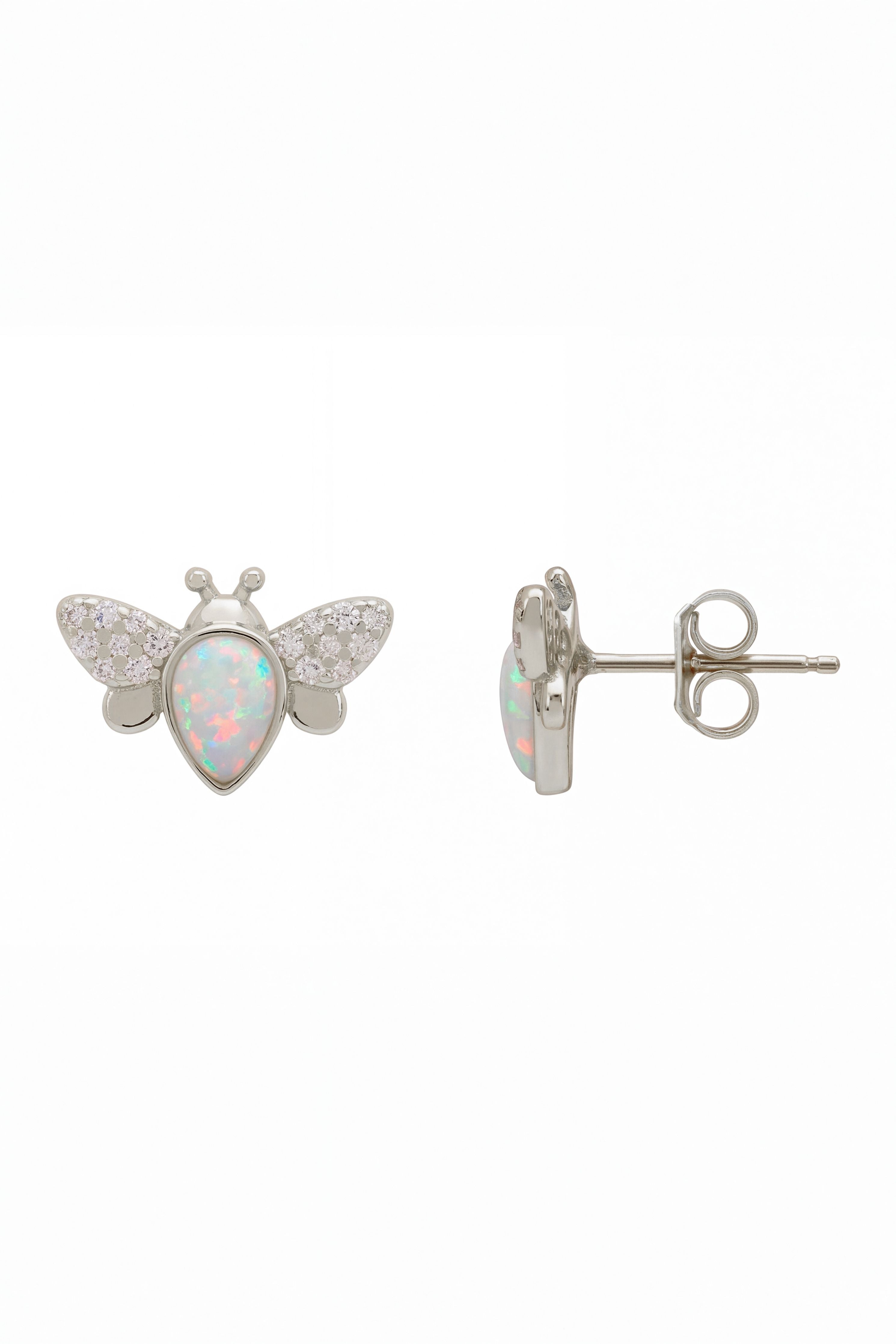Angled view of Busy Bee White Opal Stud Earrings Silver, showing bee design, silver finish and the jewellery profile.