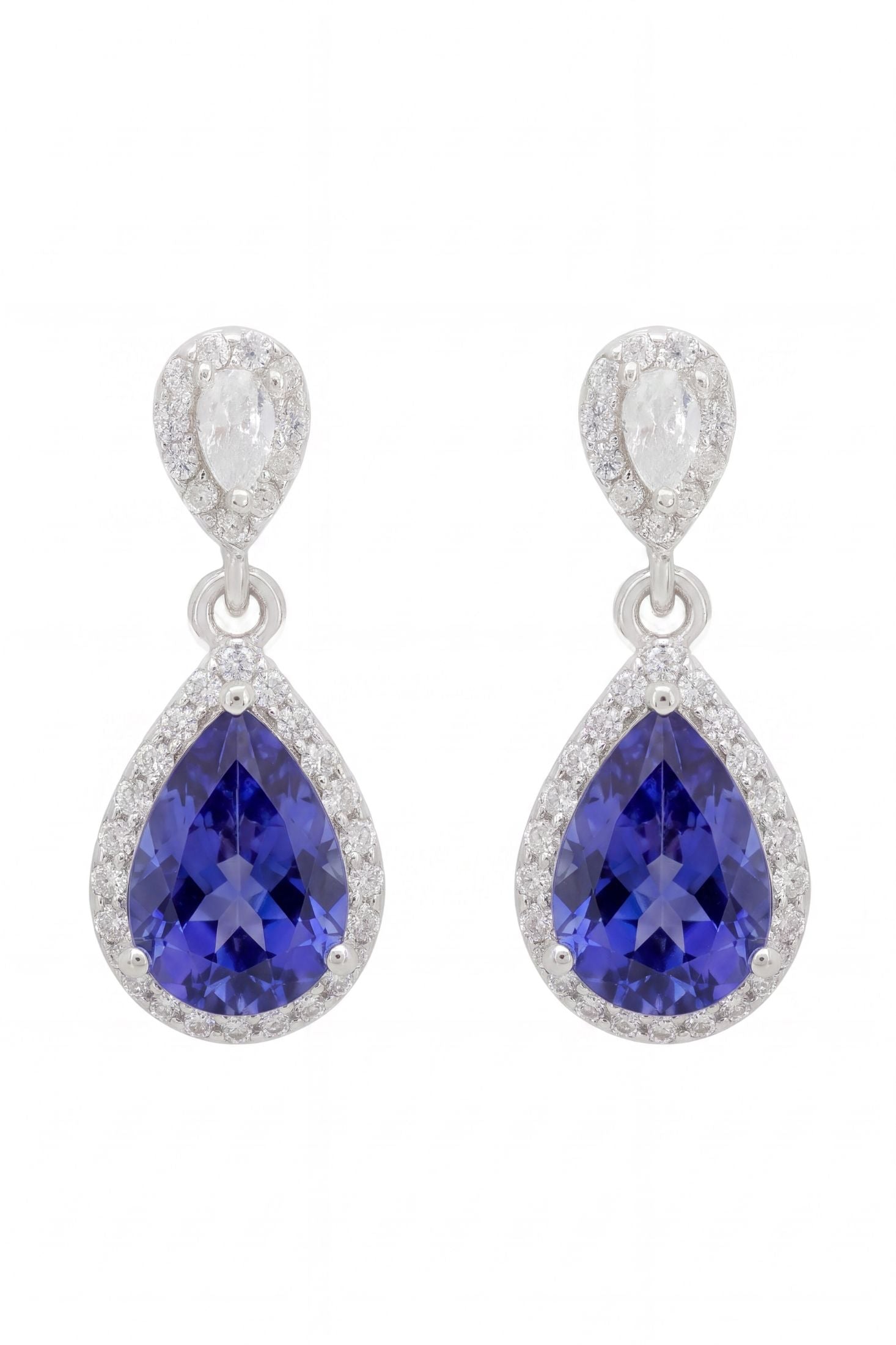 Front view of Phillippa Drop Earrings Tanzanite Silver, showing bee design, tanzanite detailing, silver finish.