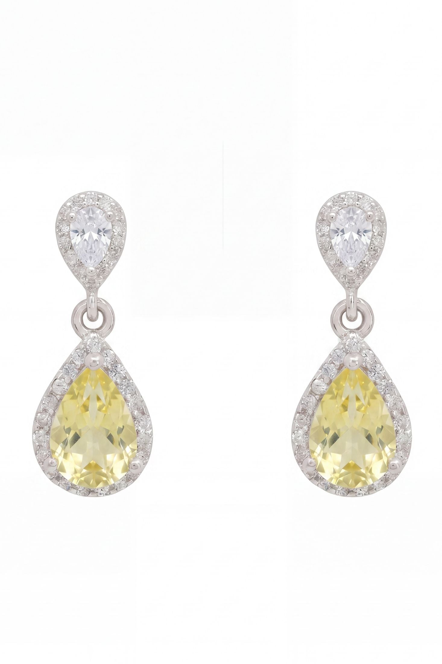 Front view of Phillippa Drop Earrings Yellow Topaz Silver, showing cat design, zirconia detailing, silver finish.