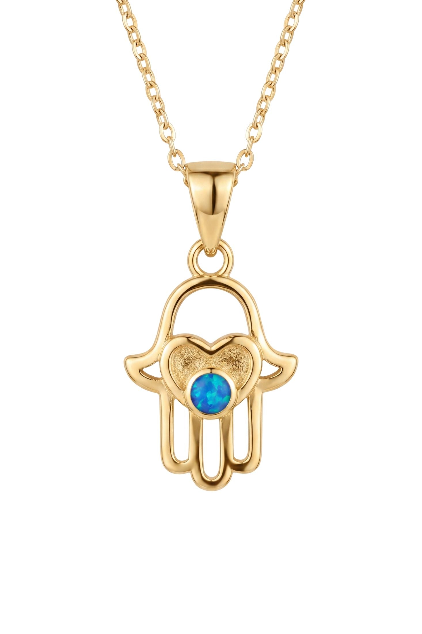 Front view of Love My Hamsa Hand Blue Opal Pendant Necklace Gold, showing hamsa hand design, gold finish.