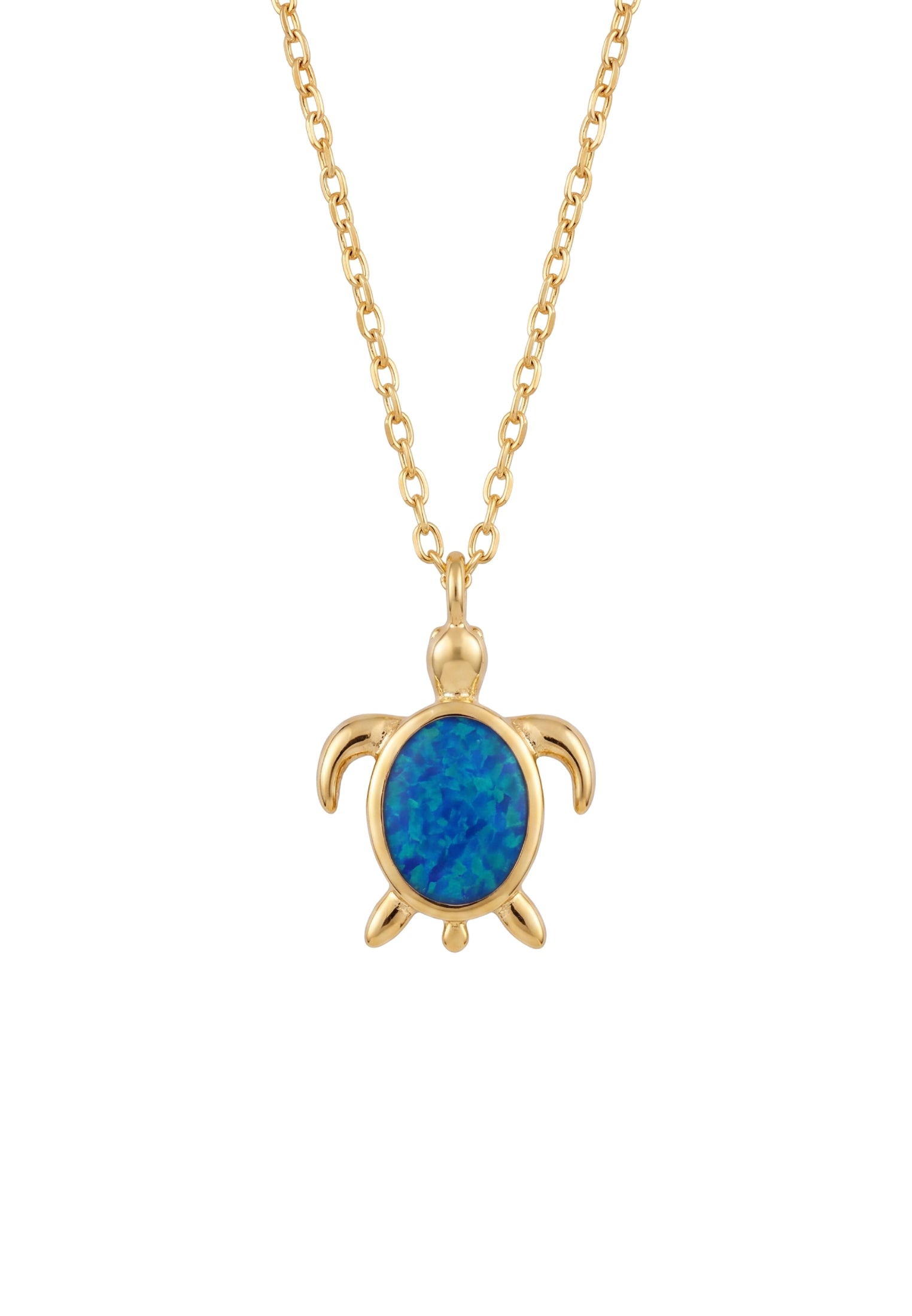 Sea Turtle Blue Opal Pendant Necklace Gold